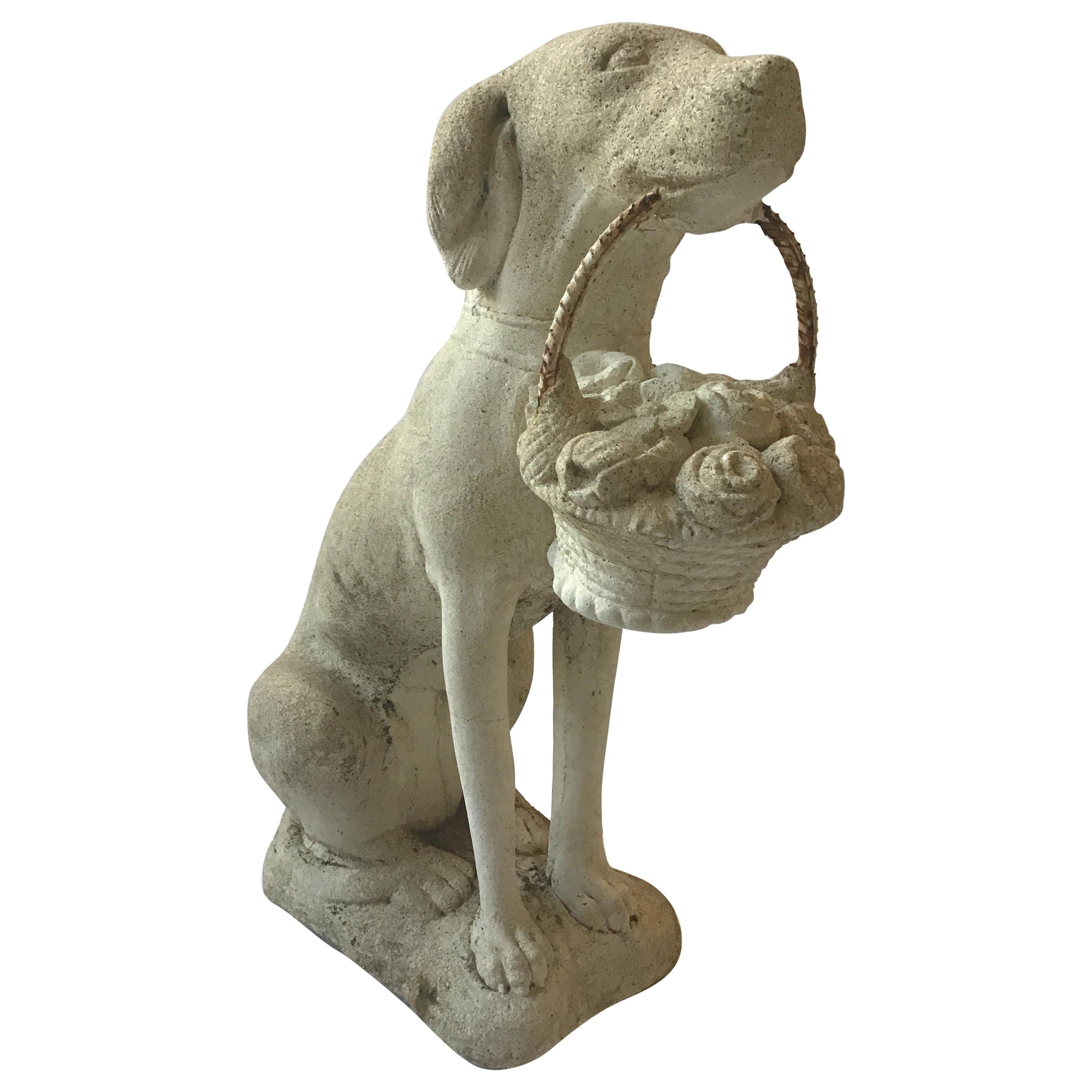 1960s Concrete Dog Holding Basket of Flowers For Sale