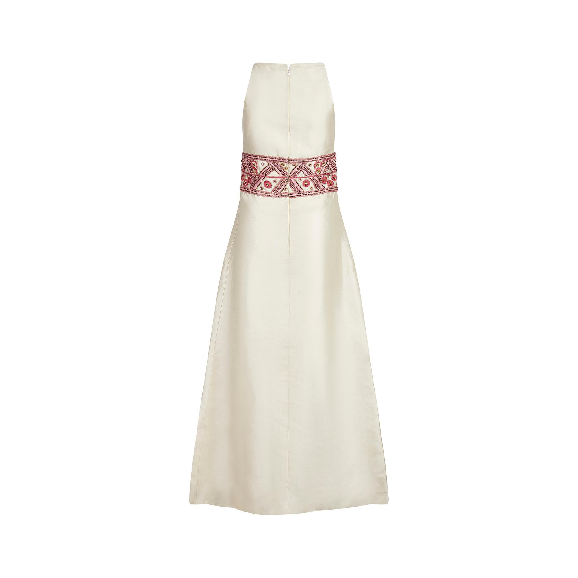 Vestido de seda crema Contessa de los años 60 con cintura adornada rosa en Excelente estado para la venta en London, GB