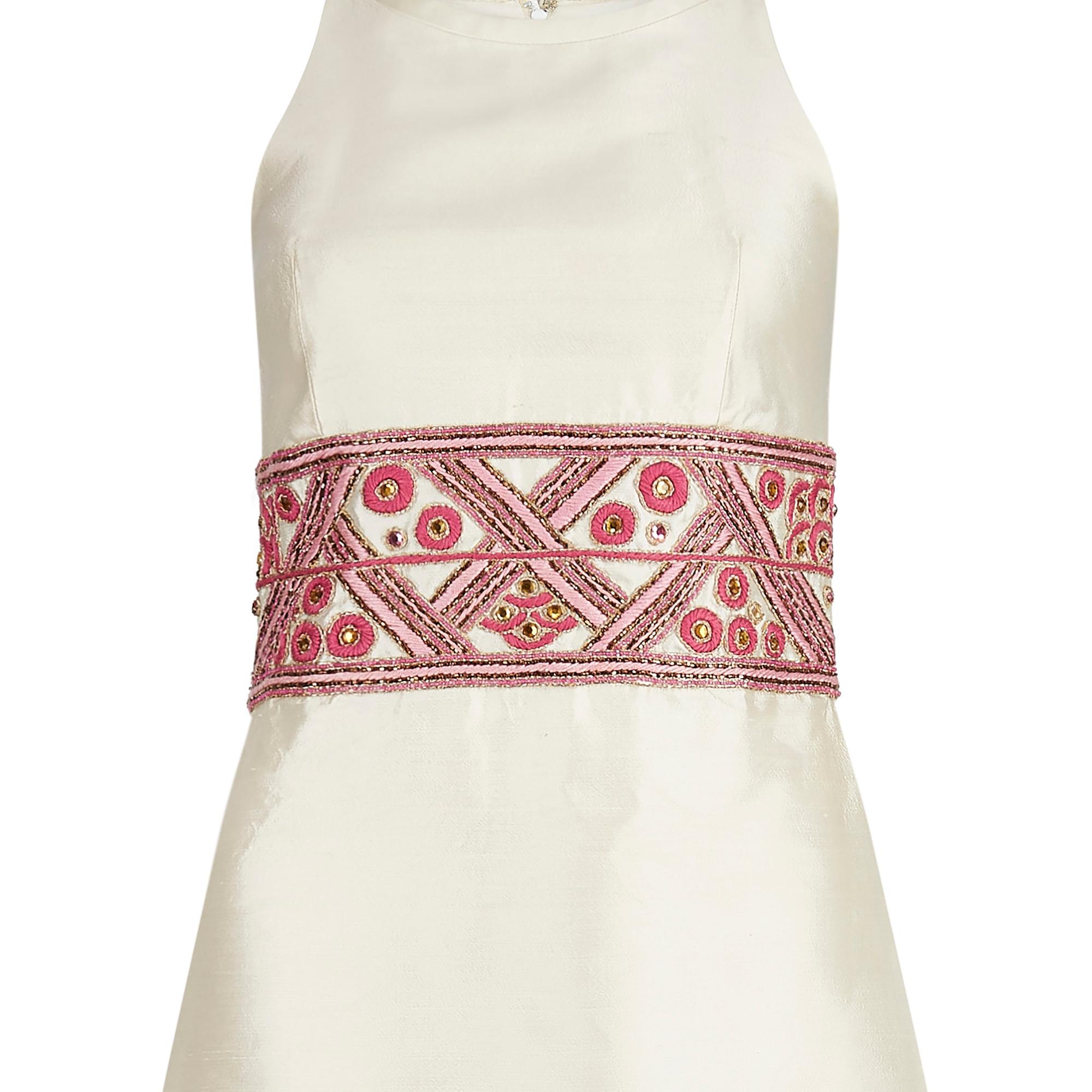 1960er Contessa Cremefarbenes Seidenkleid mit rosa verziertem Bund Damen im Angebot