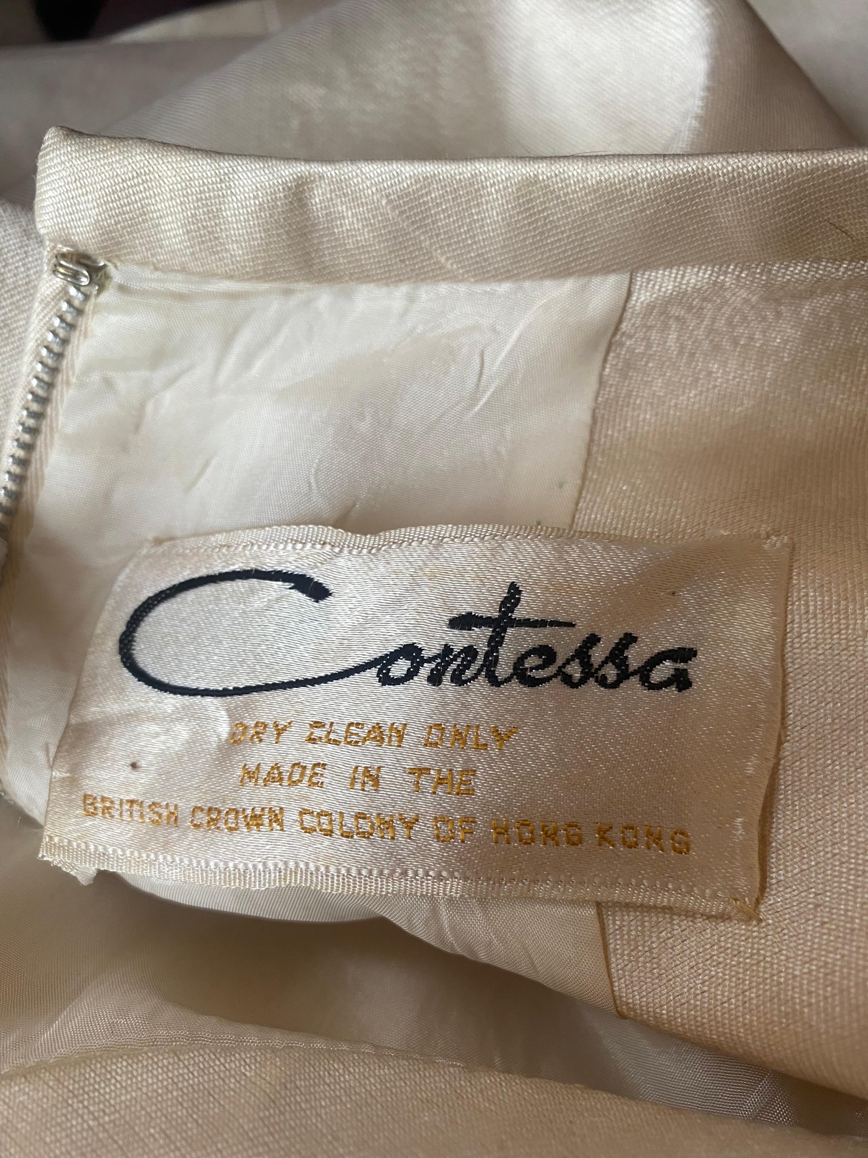 Vestido de seda crema Contessa de los años 60 con cintura adornada rosa en venta 1