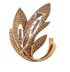 1960s Continental Diamond Gold Leaf Motif Brooch