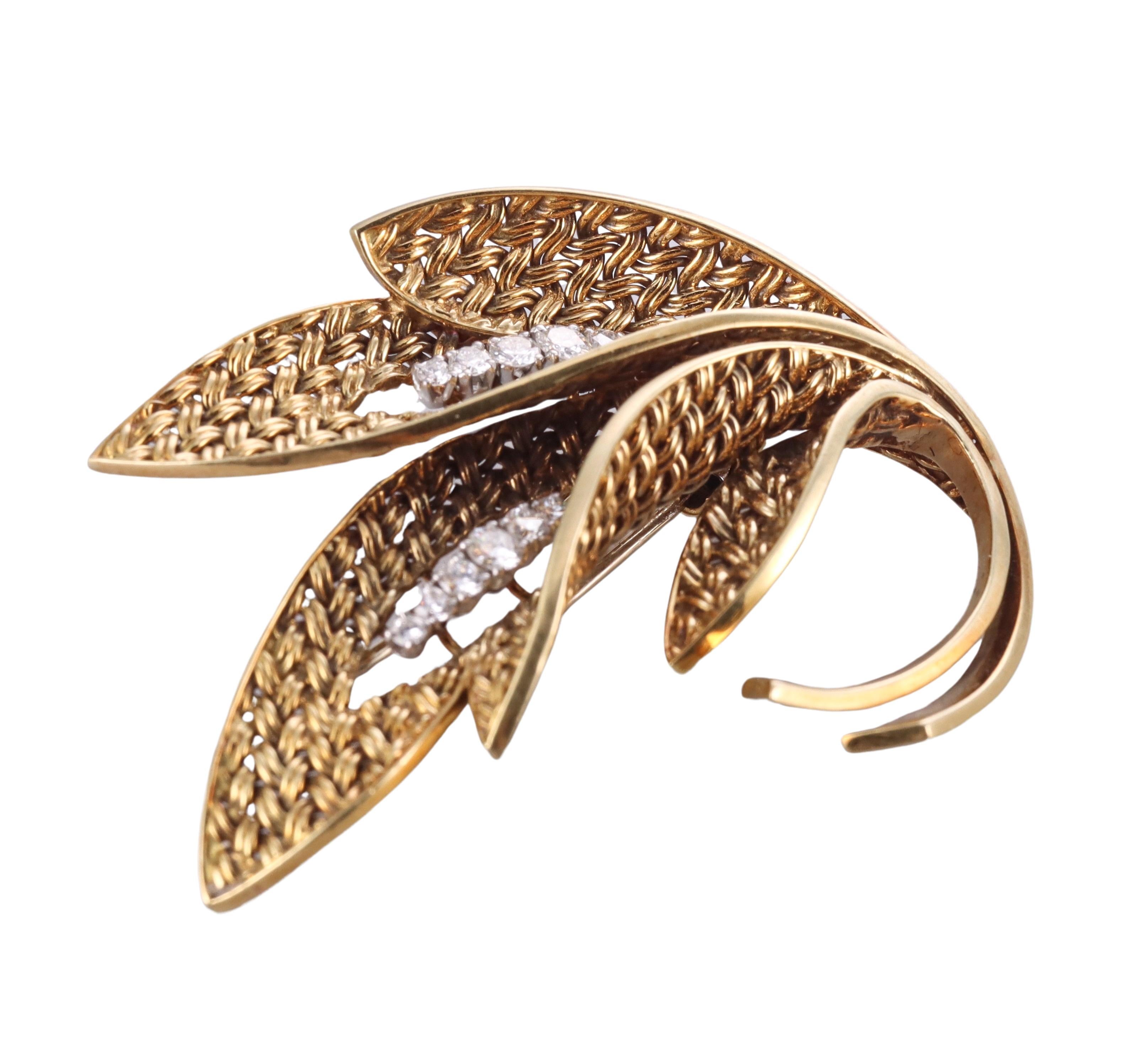 Women's 1960s Continental Diamond Gold Leaf Motif Brooch  For Sale