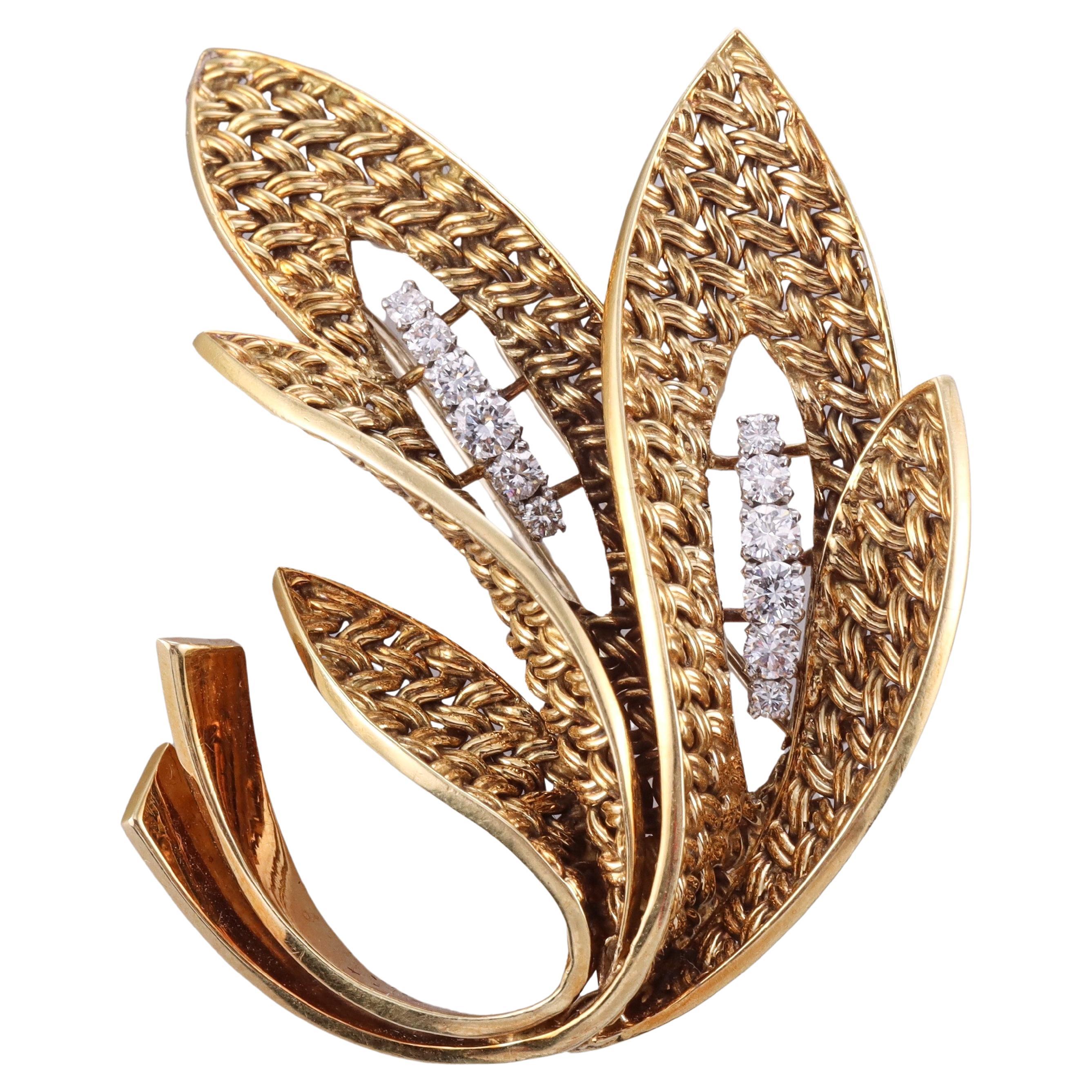 1960s Continental Diamond Gold Leaf Motif Brooch 