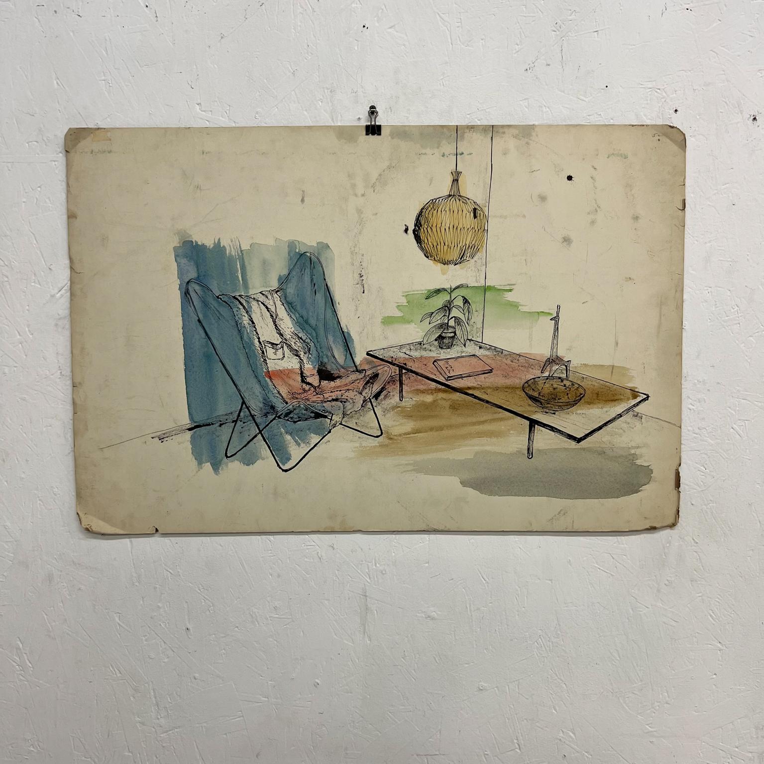 1960s Cool blue watercolor ink on paper modern interior butterfly chair + globe pendant + coffee table.
No signature.
30 x 20
Preowned original condition unrestored vintage art.
Some distress and tears with discoloration on paper.
Refer to all