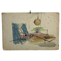 1960s Cool Blue Watercolor Ink on Paper Mod Interior Butterfly Chair + Pendant