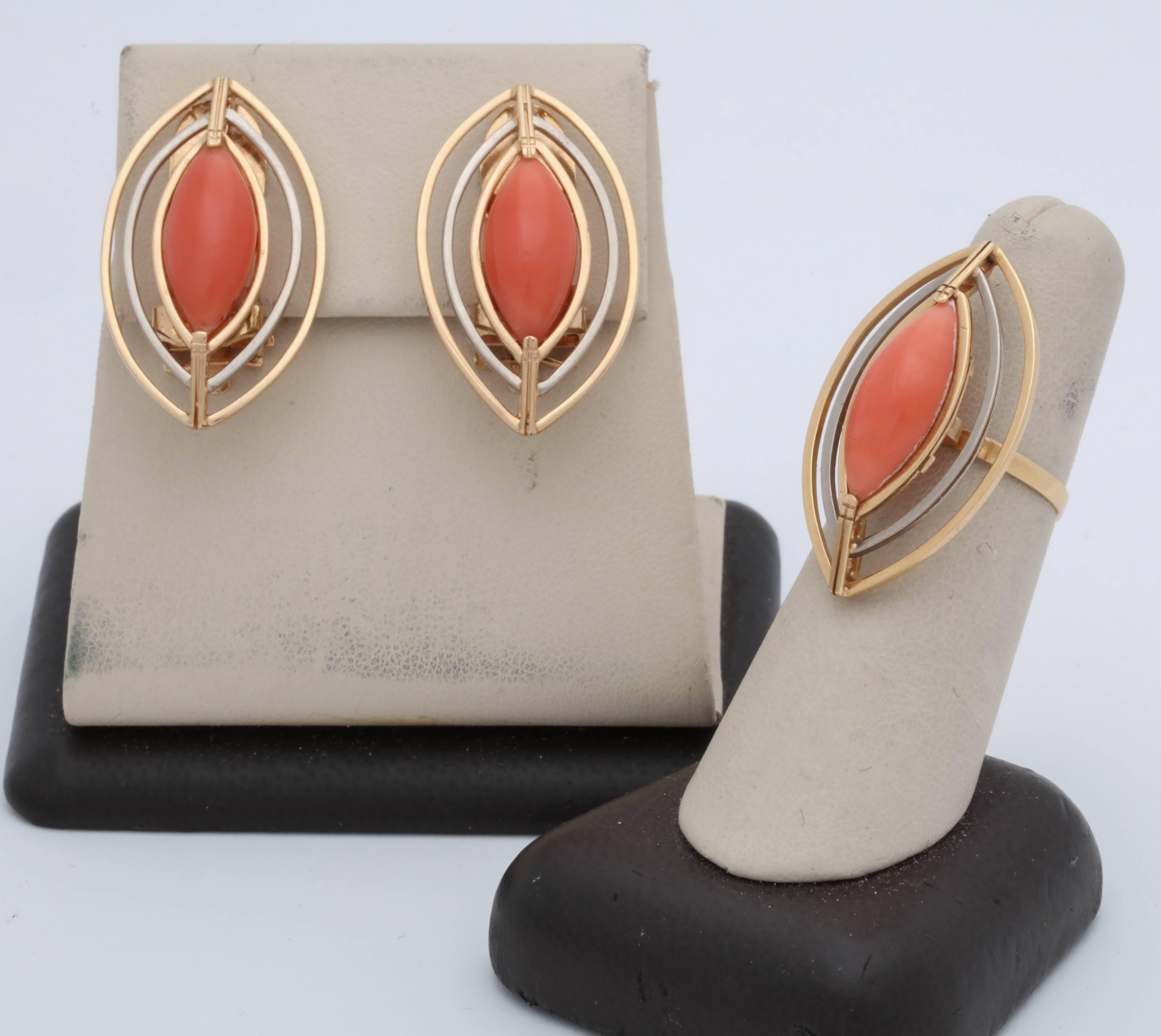 One Ladies Ensemble Include In Suite Is A Ring Centering A 13Mm Marquis Cut Pastel Color Coral Stone With A Beautiful HandMade WireWork Setting Composed Of 18kt White And Yellow Gold Open WireWork Setting.Included In Suite Are A Pair Of Earrings