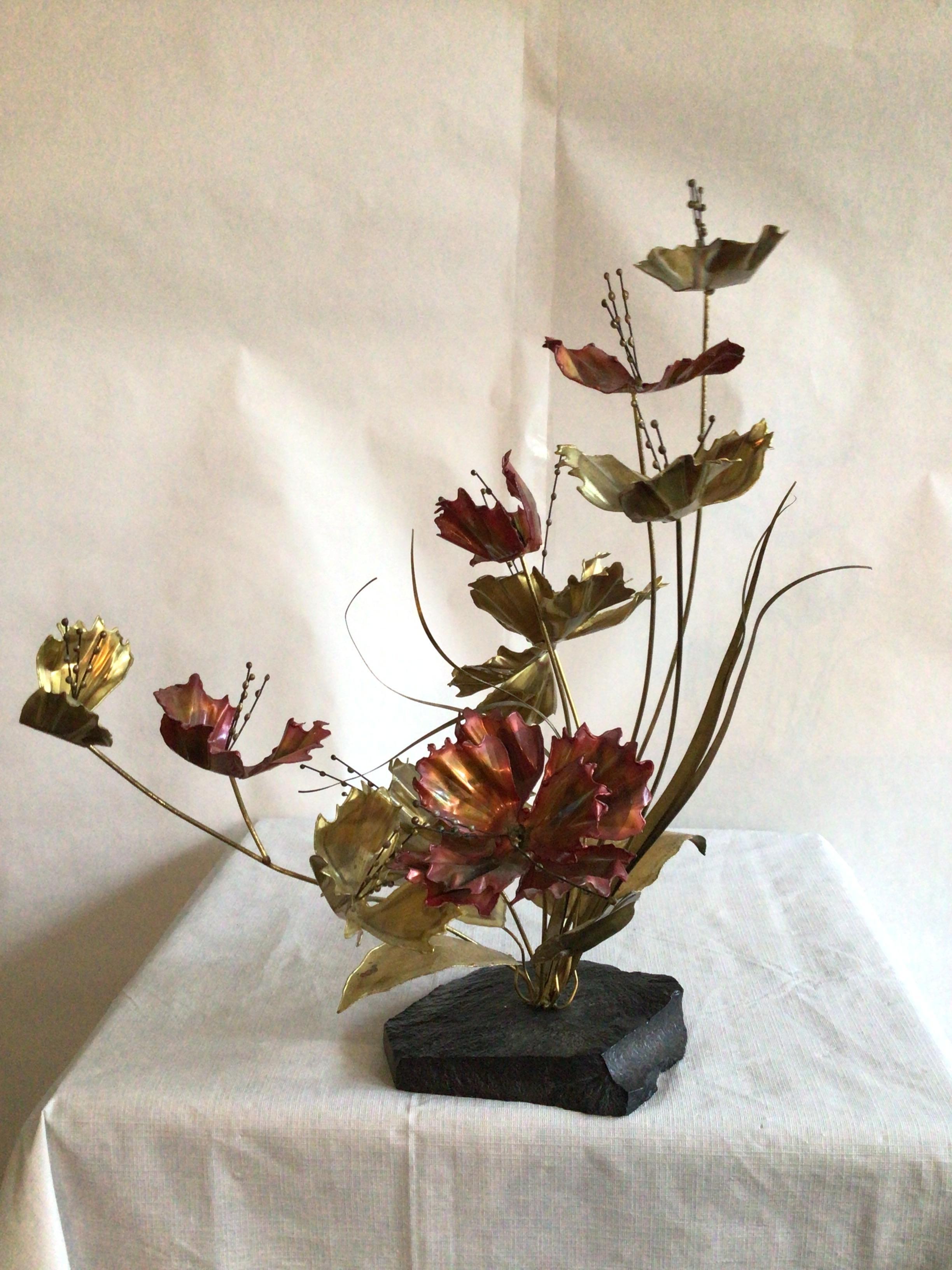 1960s Copper And Brass Brutalist Floral Table Sculpture On Marble Base
Bright Copper and Rose Metal
Sculpture of Flowers and Grasses on a black marble base
