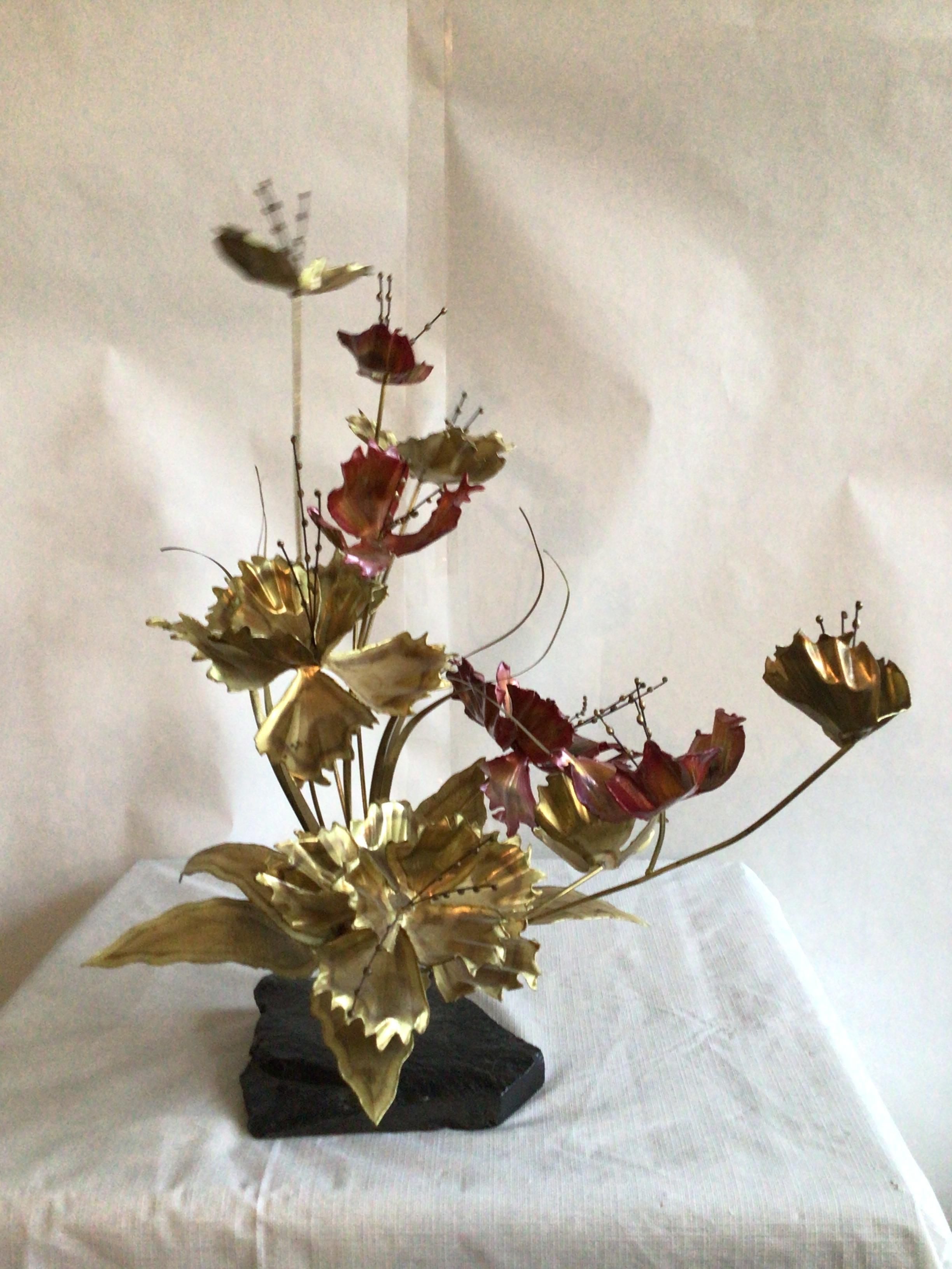 Hand-Crafted 1960s Copper And Brass Brutalist Floral Table Sculpture On Marble Base For Sale