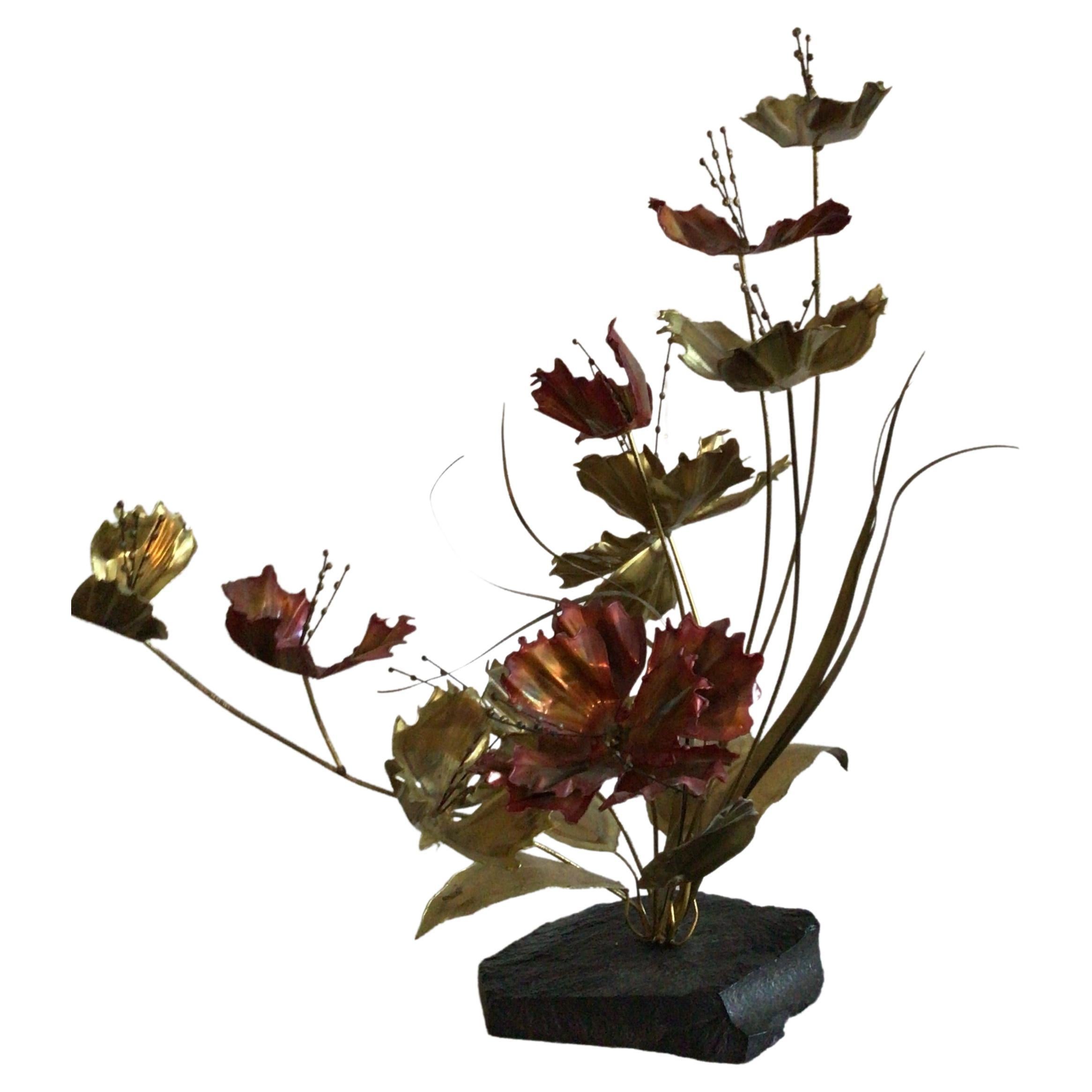 1960s Copper And Brass Brutalist Floral Table Sculpture On Marble Base For Sale