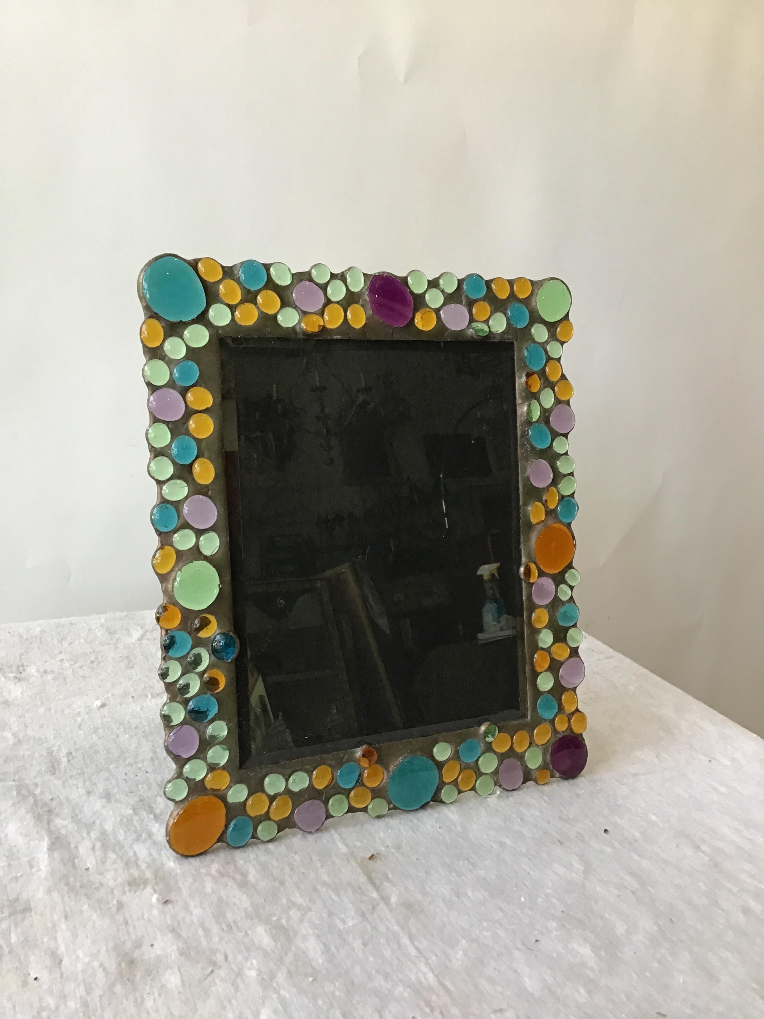 1960 copper picture frame with inset glass jewels.