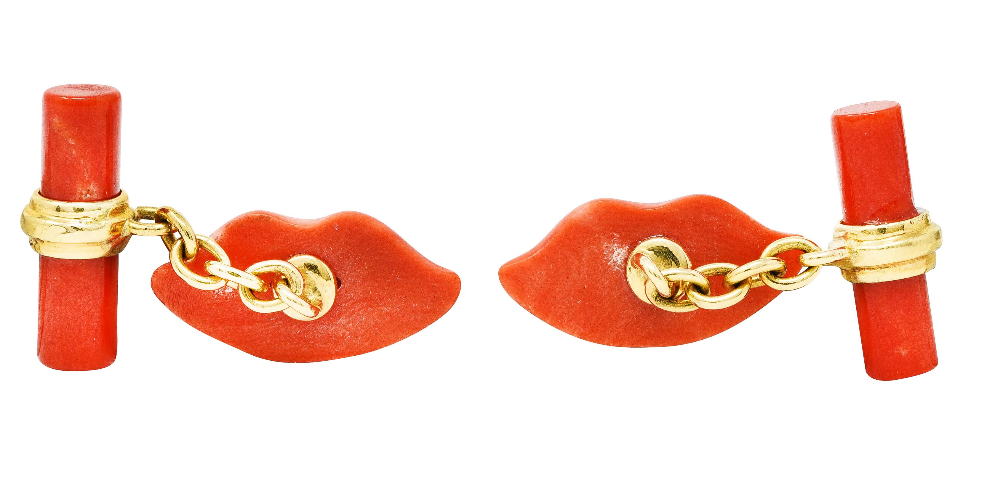 Contemporary 1960's Coral 18 Karat Yellow Gold Carved Lip Vintage Men's Cufflinks