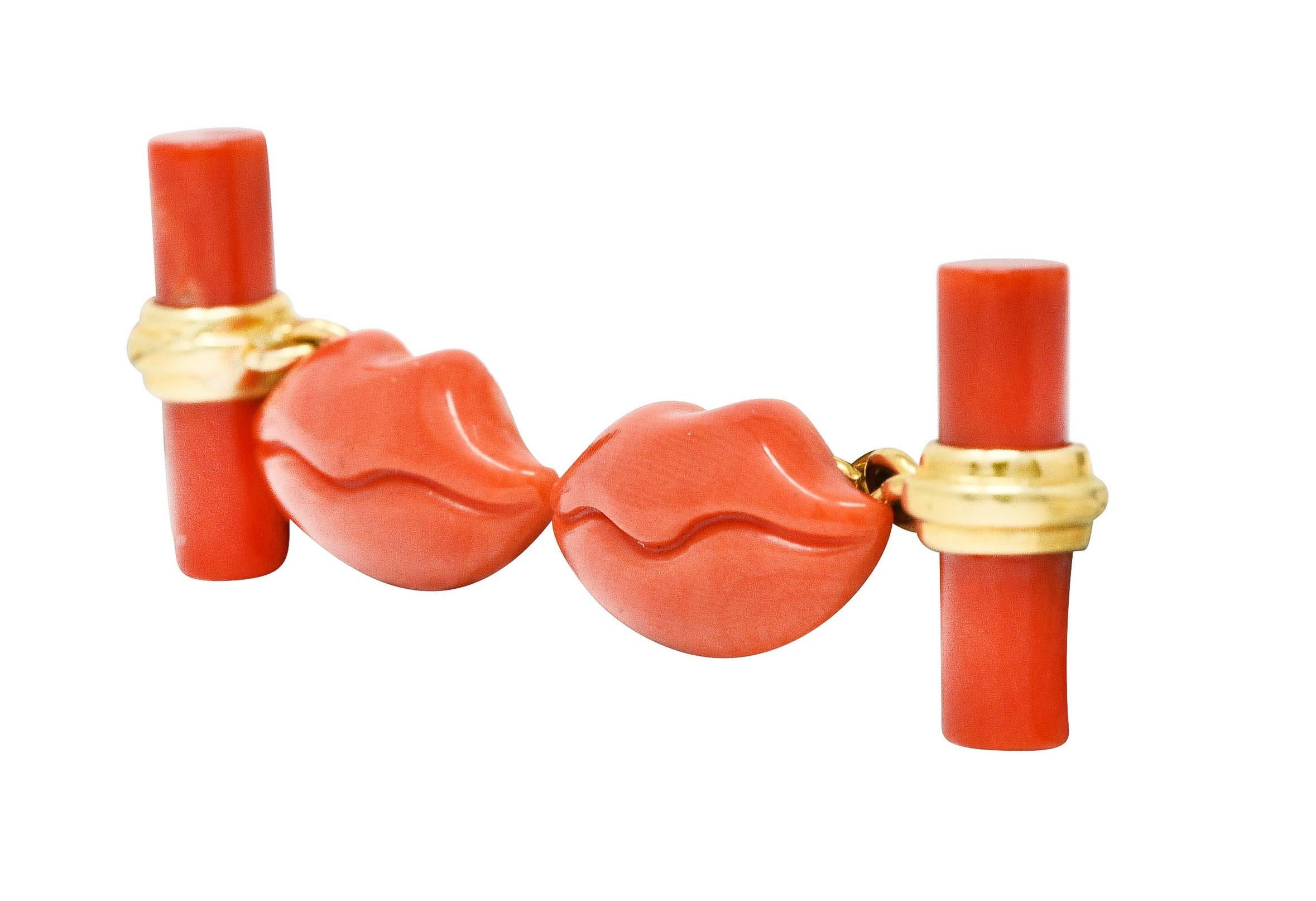 Uncut 1960's Coral 18 Karat Yellow Gold Carved Lip Vintage Men's Cufflinks