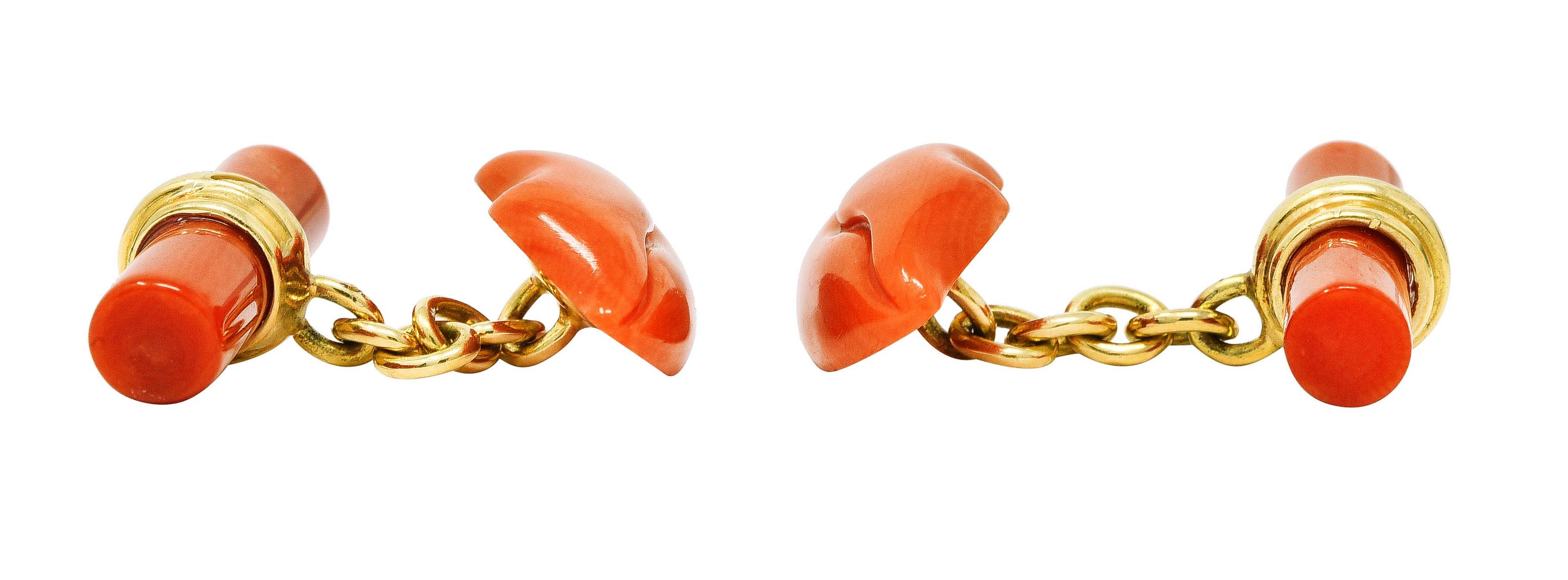 1960's Coral 18 Karat Yellow Gold Carved Lip Vintage Men's Cufflinks In Excellent Condition In Philadelphia, PA