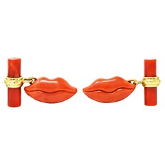 1960's Coral 18 Karat Yellow Gold Carved Lip Vintage Men's Cufflinks