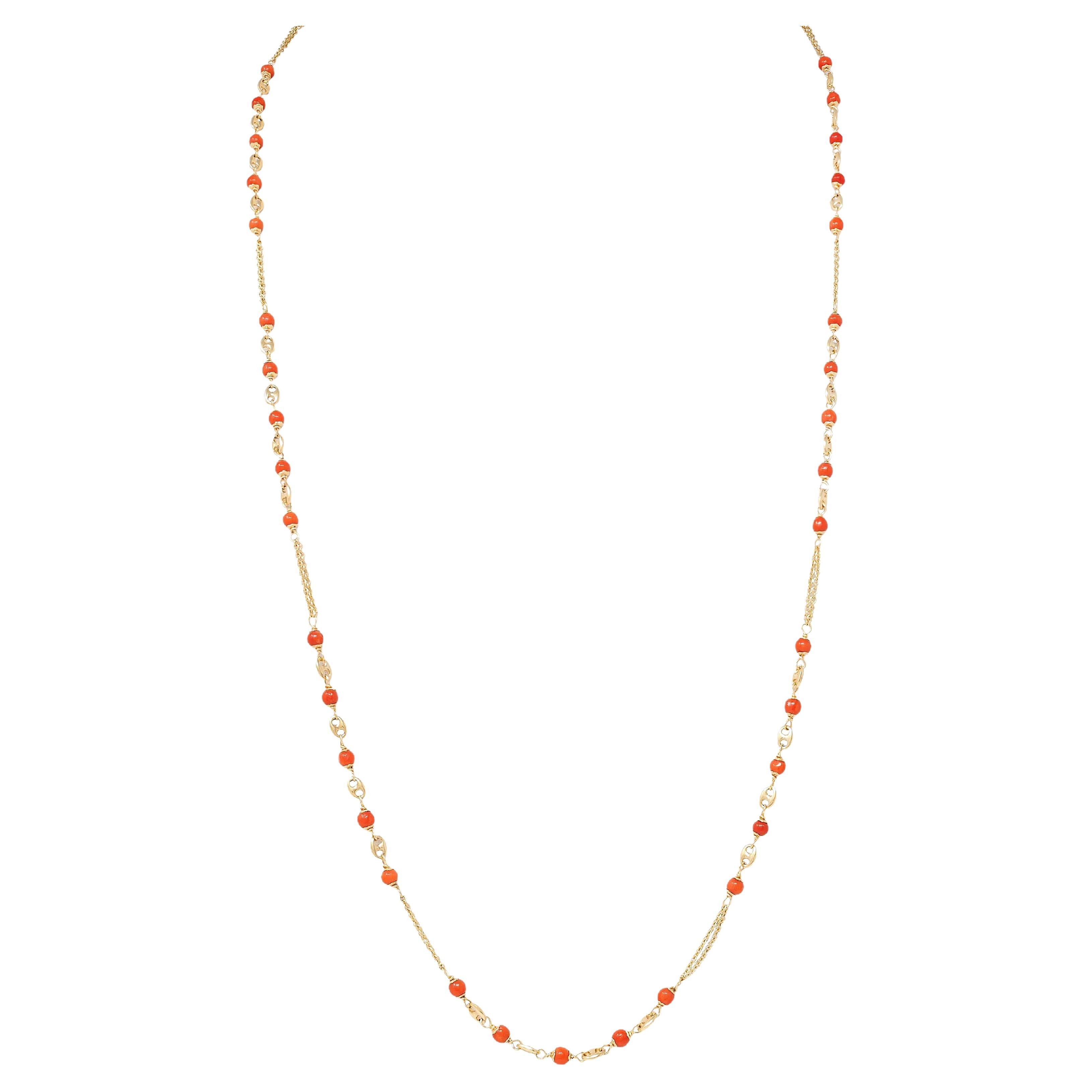 1960's Coral Yellow Gold 18 Karat Vintage Beaded Station Necklace