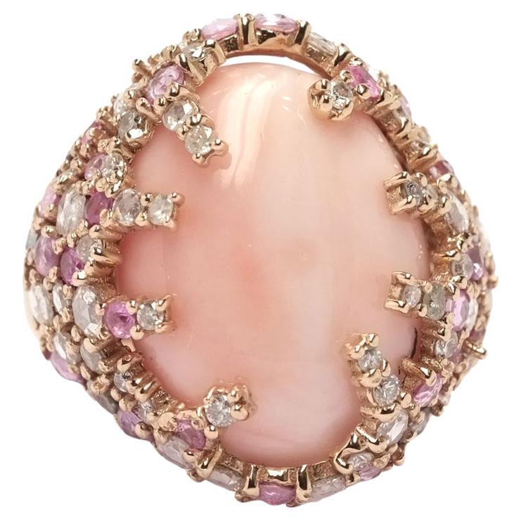 1960s Coral Cocktail Ring with Diamonds And Sapphires