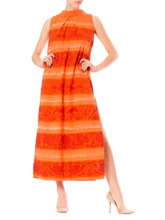 1960S Coral Cotton Tiki Print Maxi Dress With Side Slit From St. Lucia