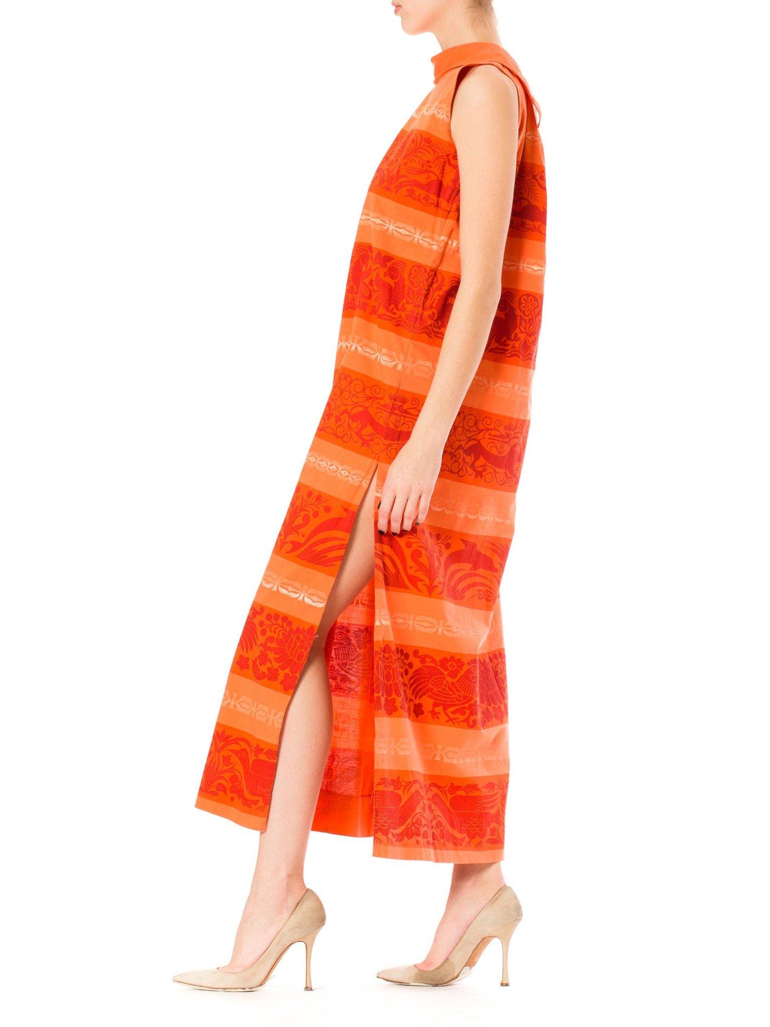 Red 1960S Coral Cotton Tiki Print Maxi Dress With Side Slit From St. Lucia For Sale