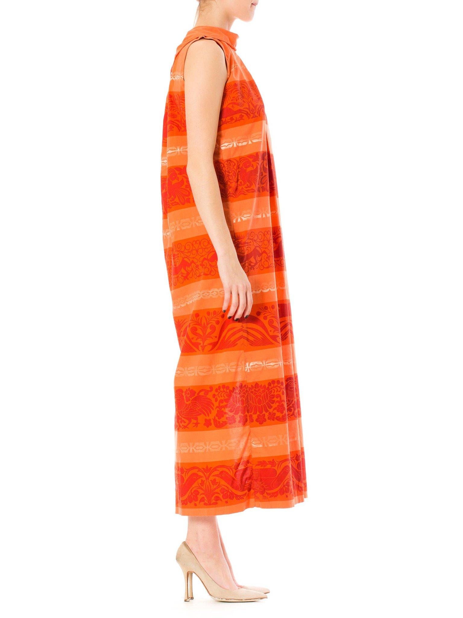 Women's 1960S Coral Cotton Tiki Print Maxi Dress With Side Slit From St. Lucia For Sale