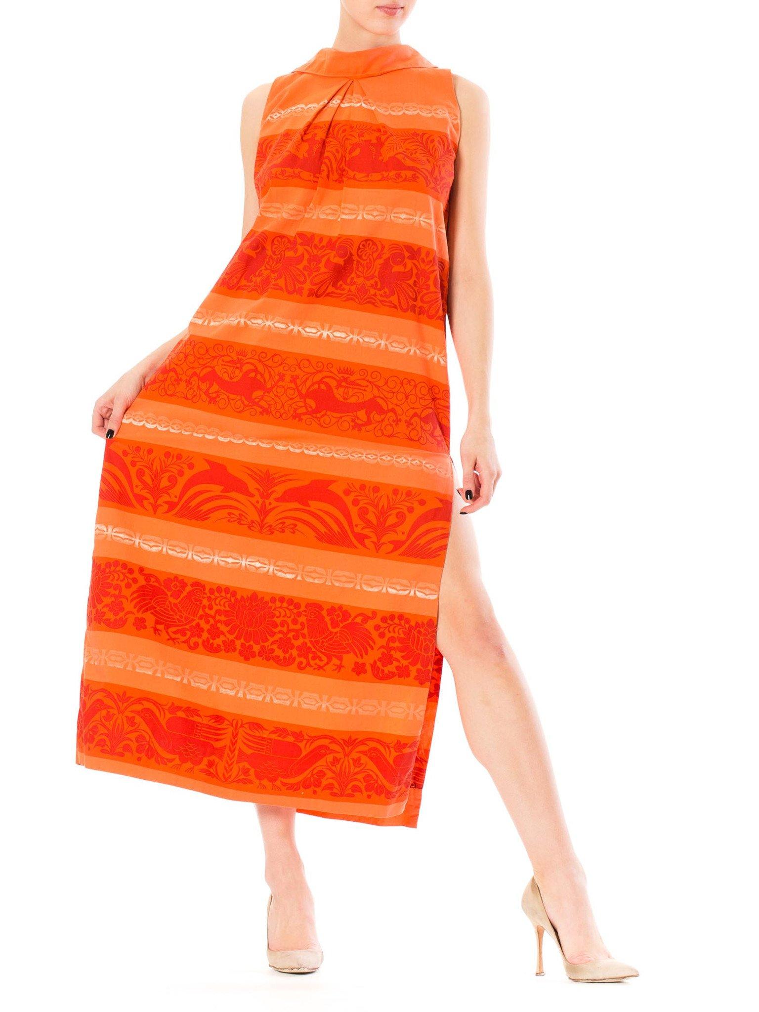 1960S Coral Cotton Tiki Print Maxi Dress With Side Slit From St. Lucia For Sale 1