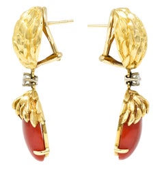 1960's Coral Diamond 18 Karat Two-Tone Gold Textured Vintage Drop Earrings
