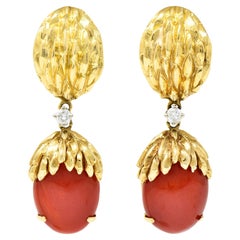 1960's Coral Diamond 18 Karat Two-Tone Gold Textured Vintage Drop Earrings