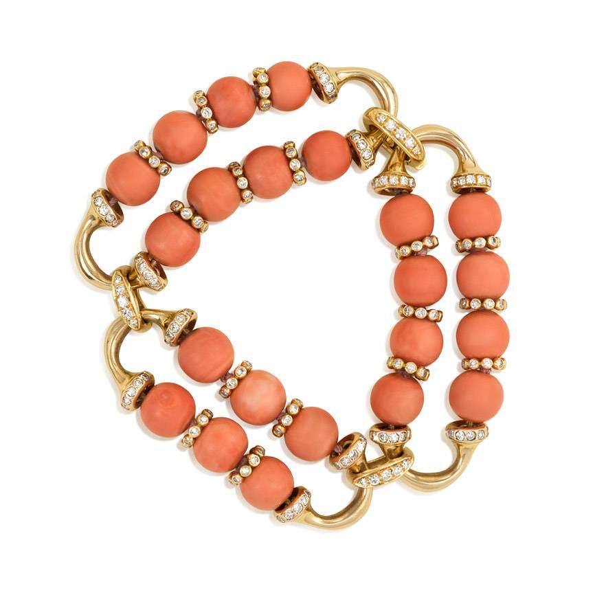1960s Coral, Diamond Rondelle, and Gold Bracelet In Excellent Condition In New York, NY