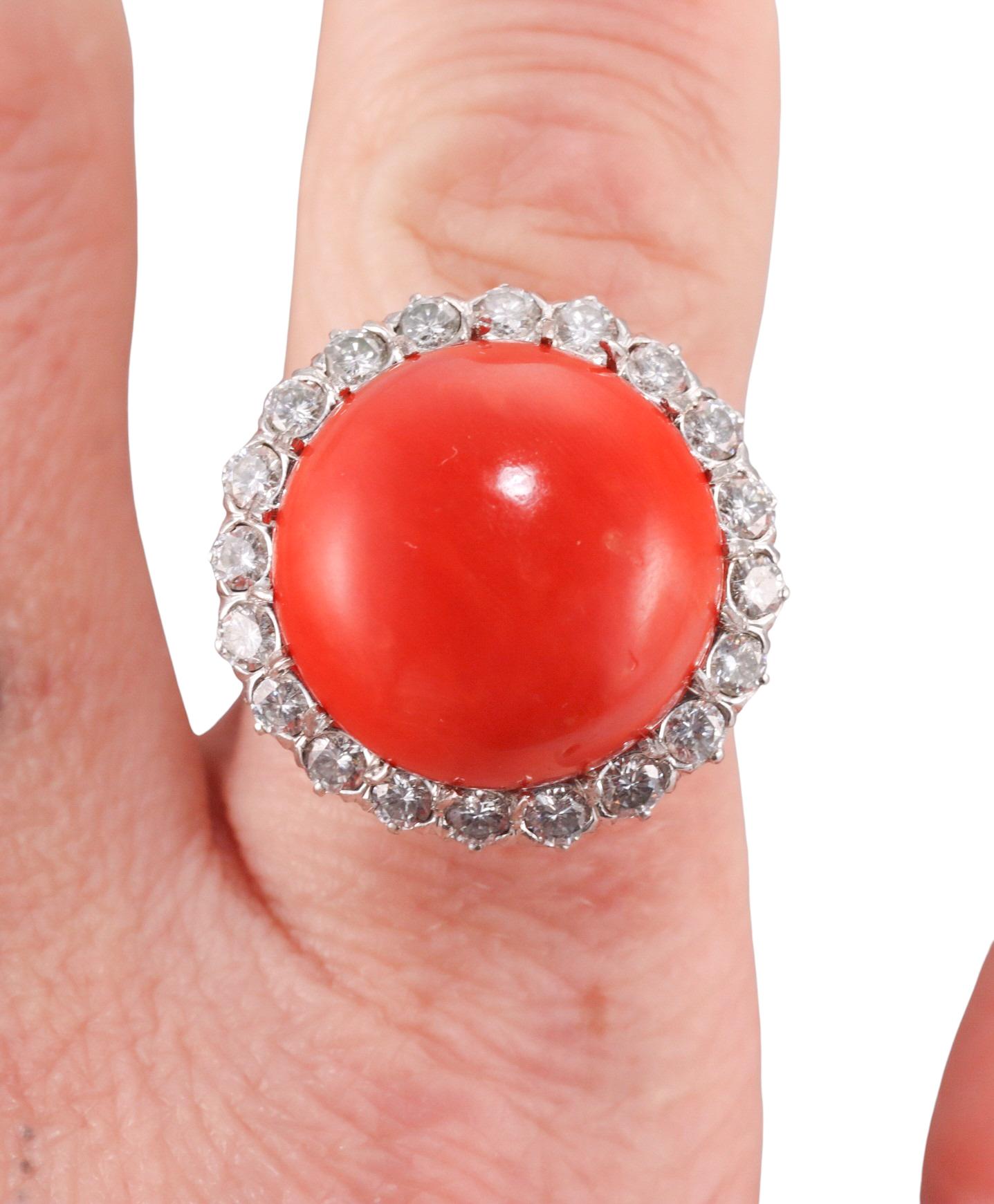 Women's 1960s Coral Diamond Gold Cocktail Ring For Sale