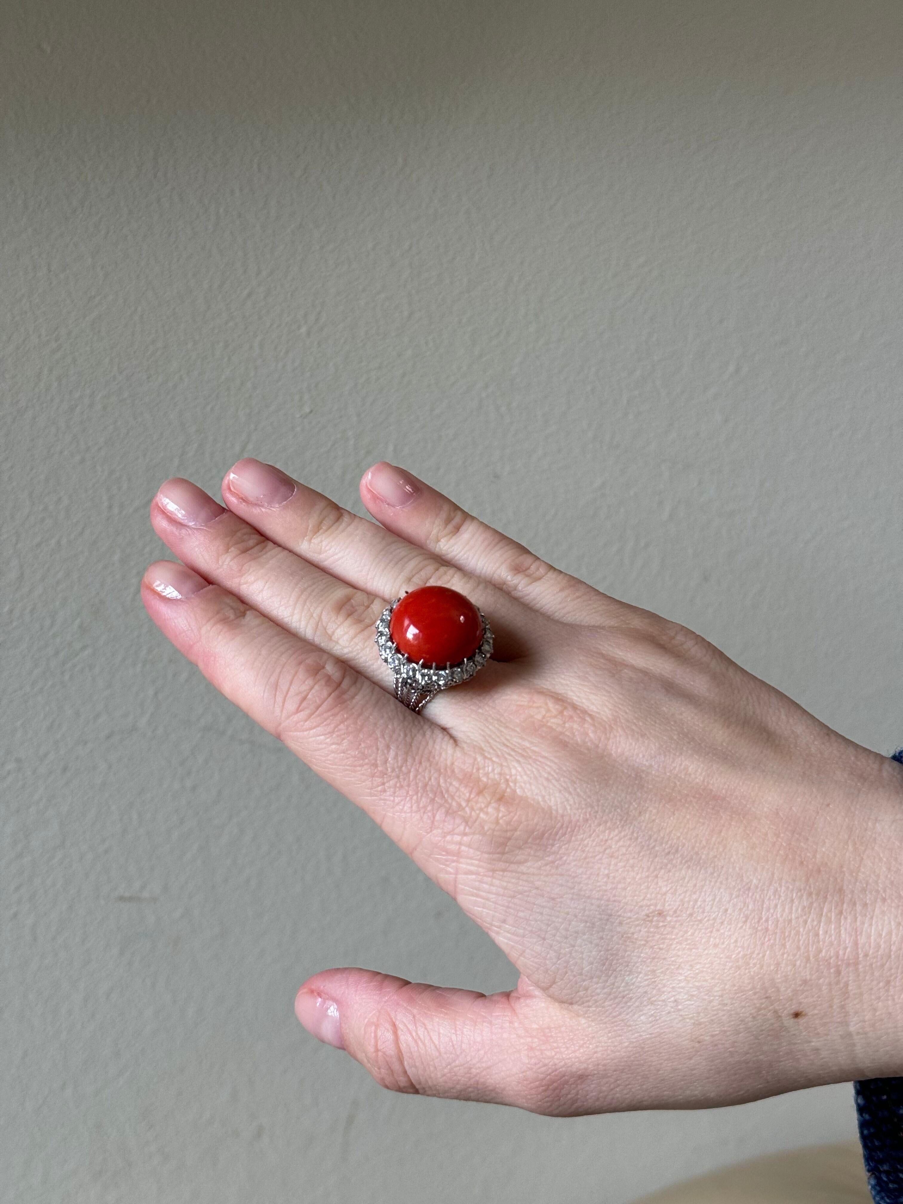 1960s Coral Diamond Gold Cocktail Ring For Sale 1