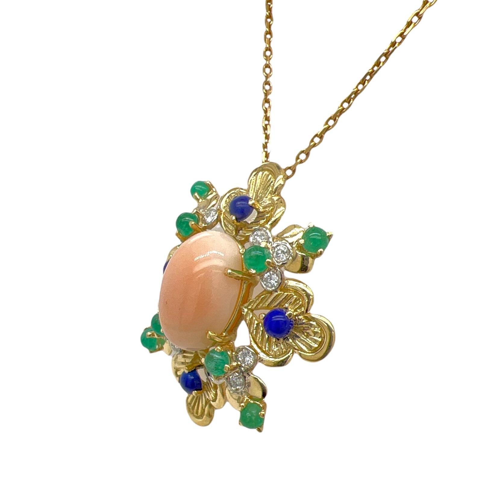 Contemporary 1960's Coral Diamond Sapphire Emerald 18K Yellow Gold Estate Pendant Necklace