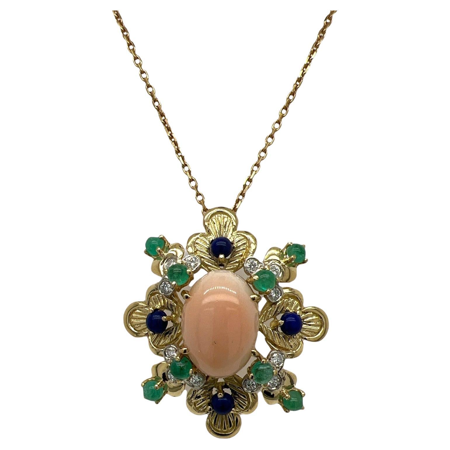 1960's Coral Diamond Sapphire Emerald 18K Yellow Gold Estate Pendant Necklace