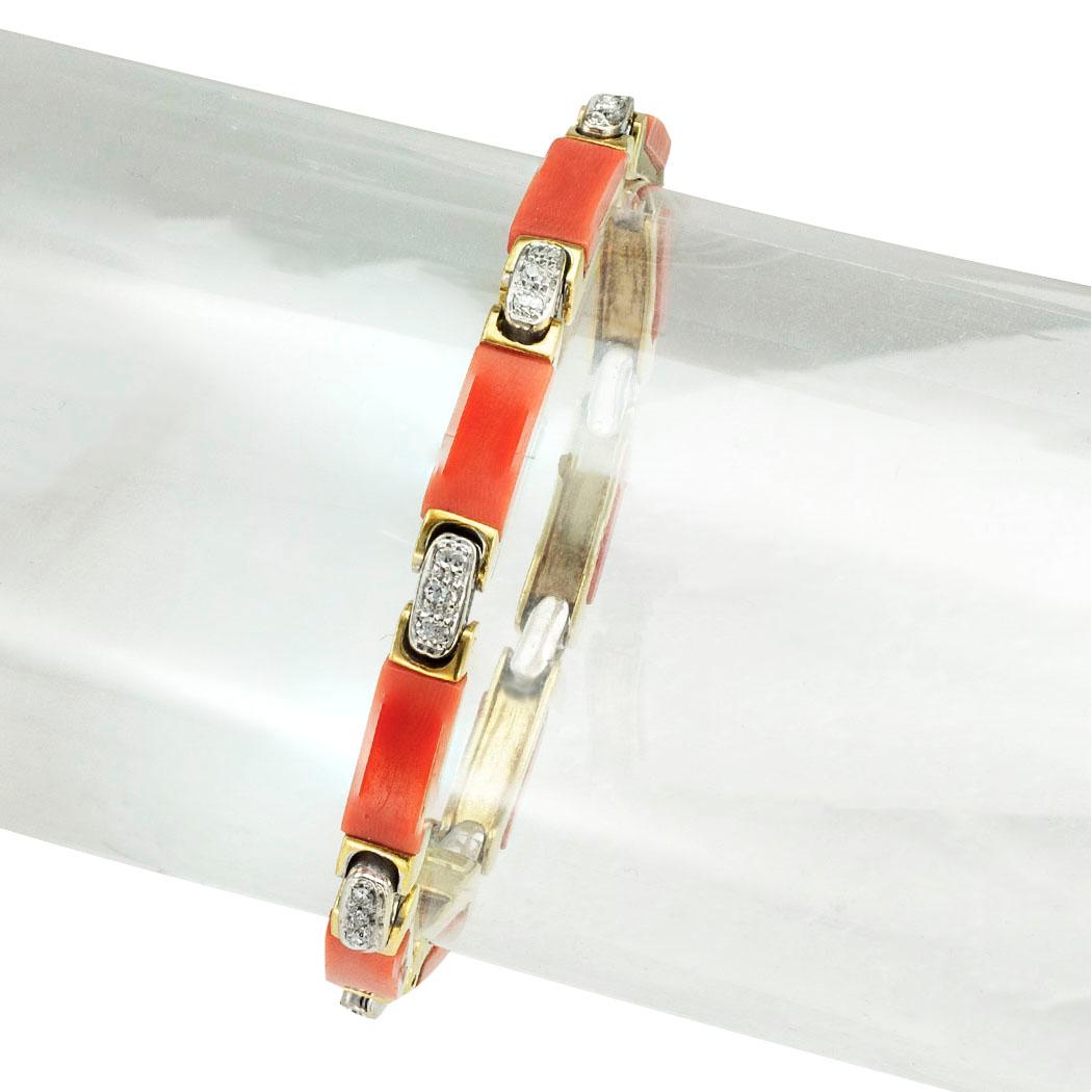 Modern 1960s Coral Diamond Yellow Gold Link Bracelet For Sale