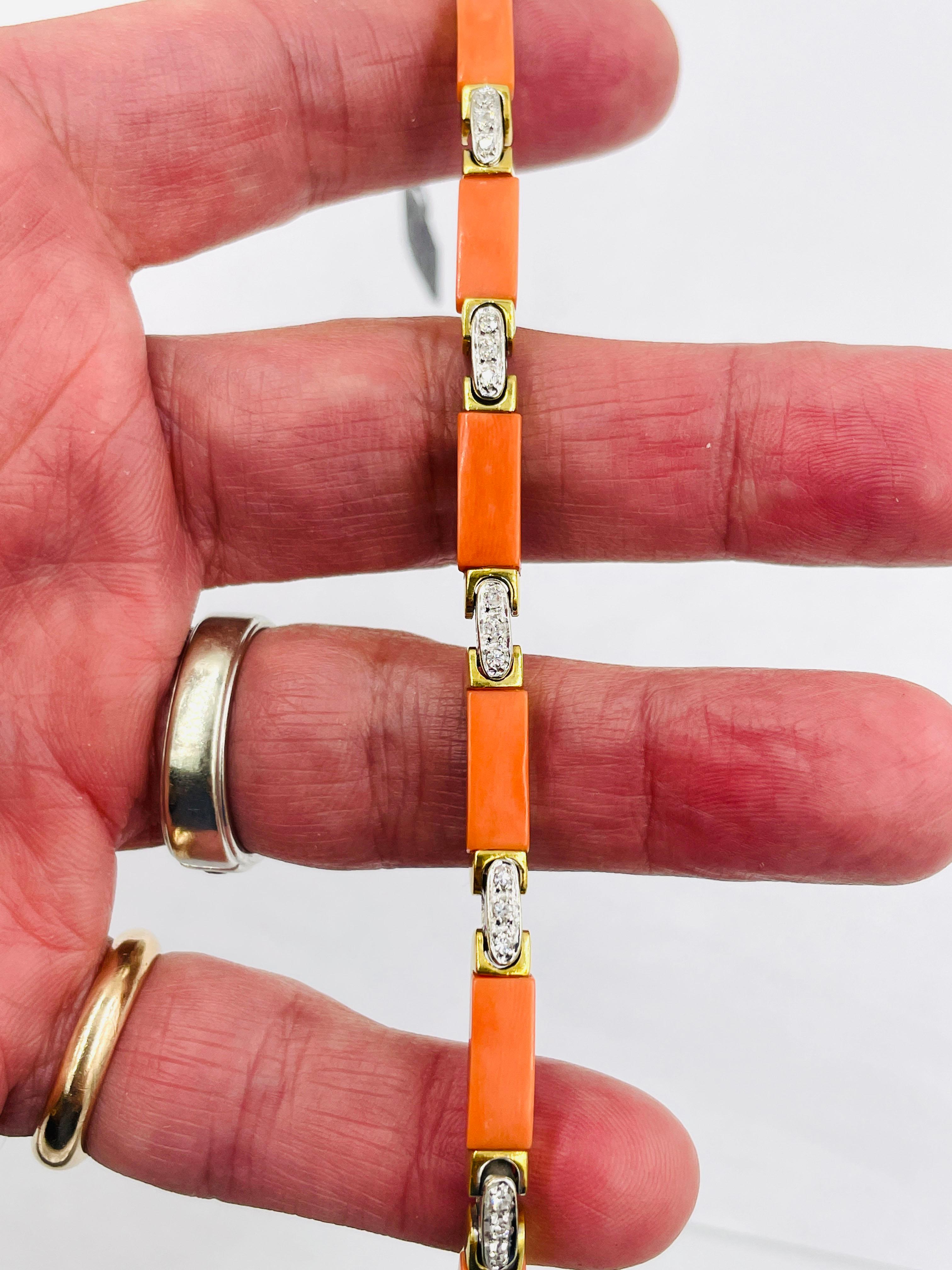 Women's or Men's 1960s Coral Diamond Yellow Gold Link Bracelet For Sale