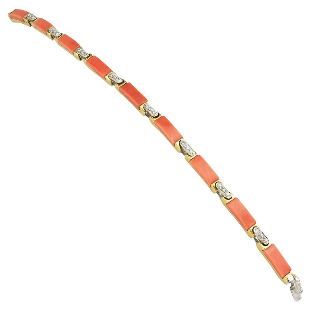 1960s Coral Diamond Yellow Gold Link Bracelet For Sale