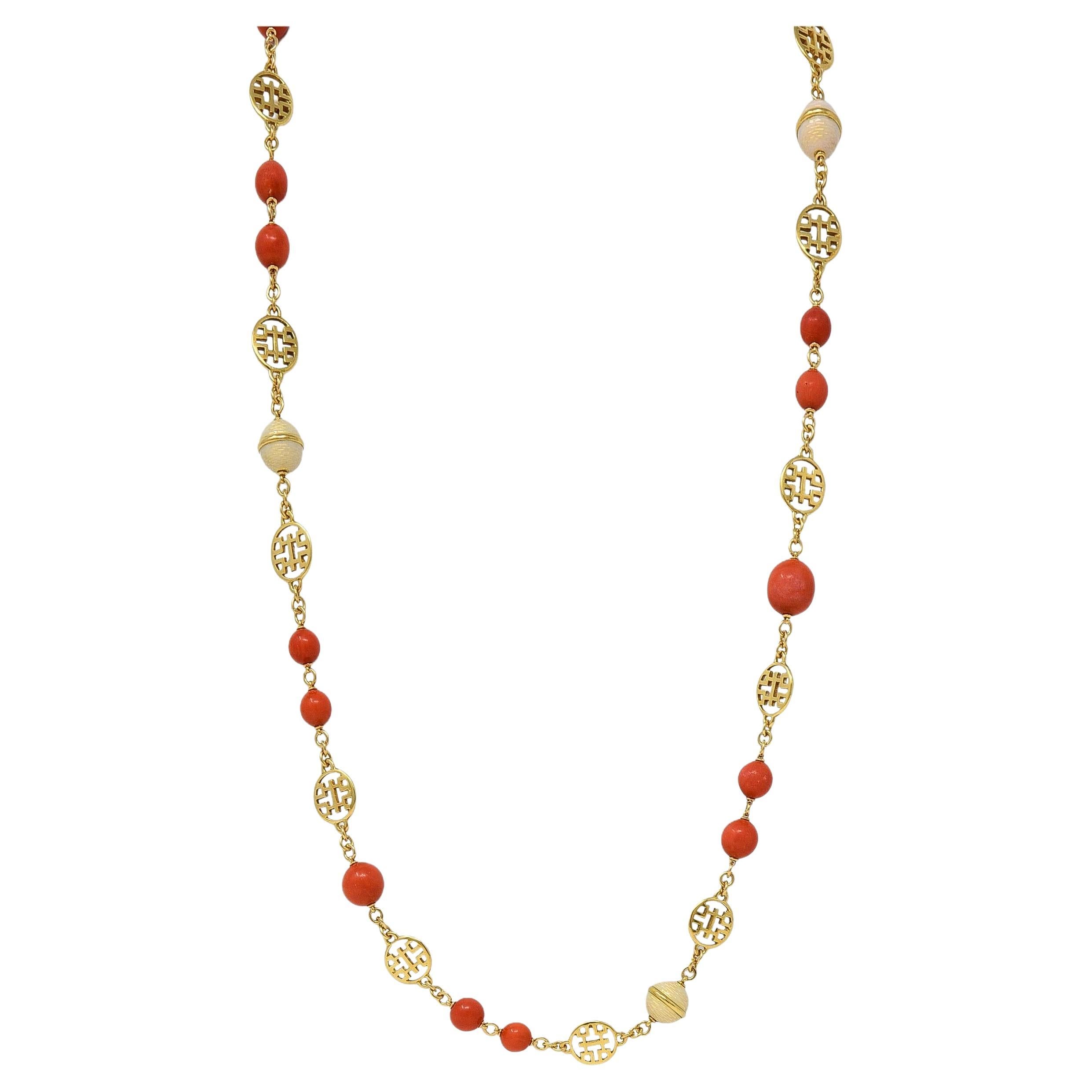 1960's Coral Enamel 18 Karat Yellow Gold Vintage Beaded Station Necklace