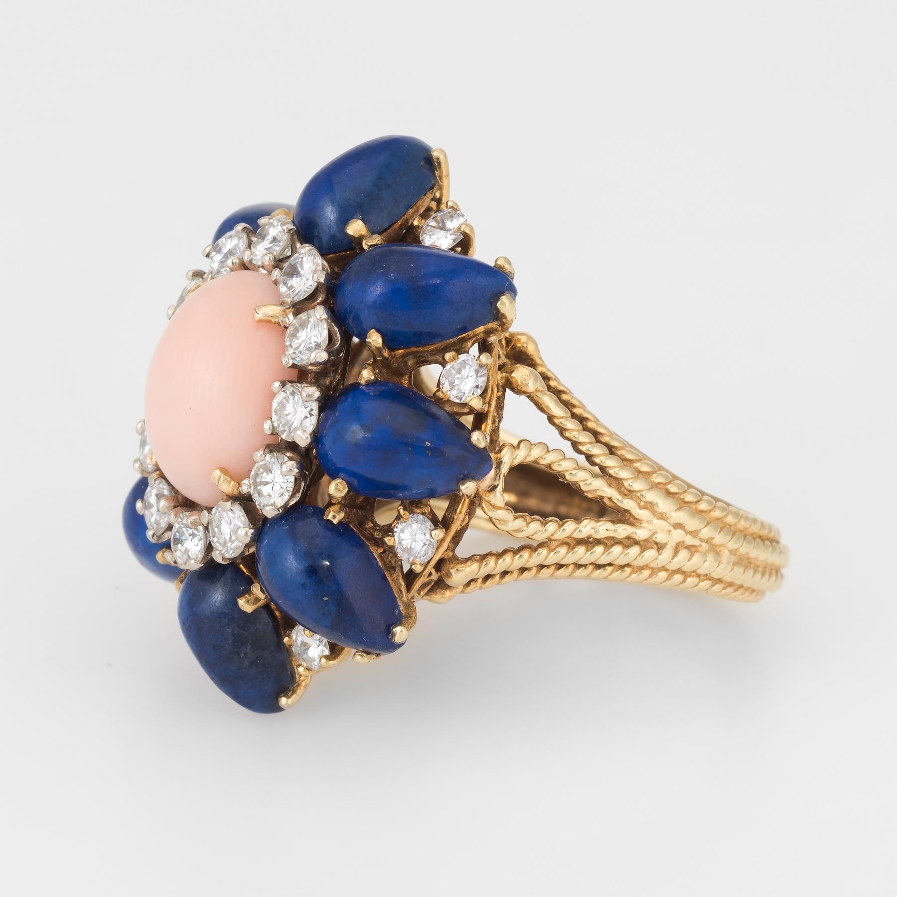 1960s Coral Lapis Diamond Cocktail Ring Vintage 14 Karat Gold Estate Jewelry In Excellent Condition In Torrance, CA