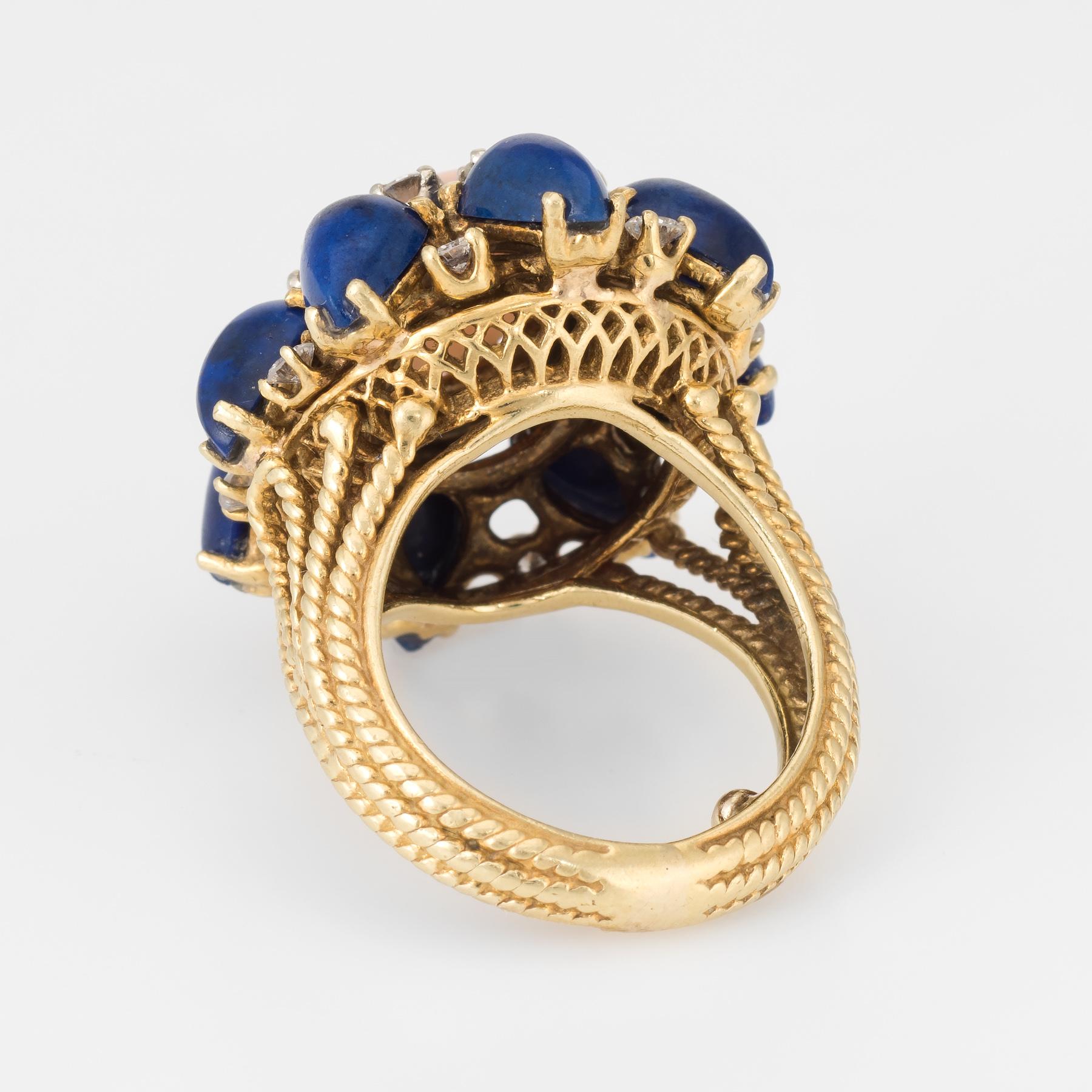 Women's 1960s Coral Lapis Diamond Cocktail Ring Vintage 14 Karat Gold Estate Jewelry