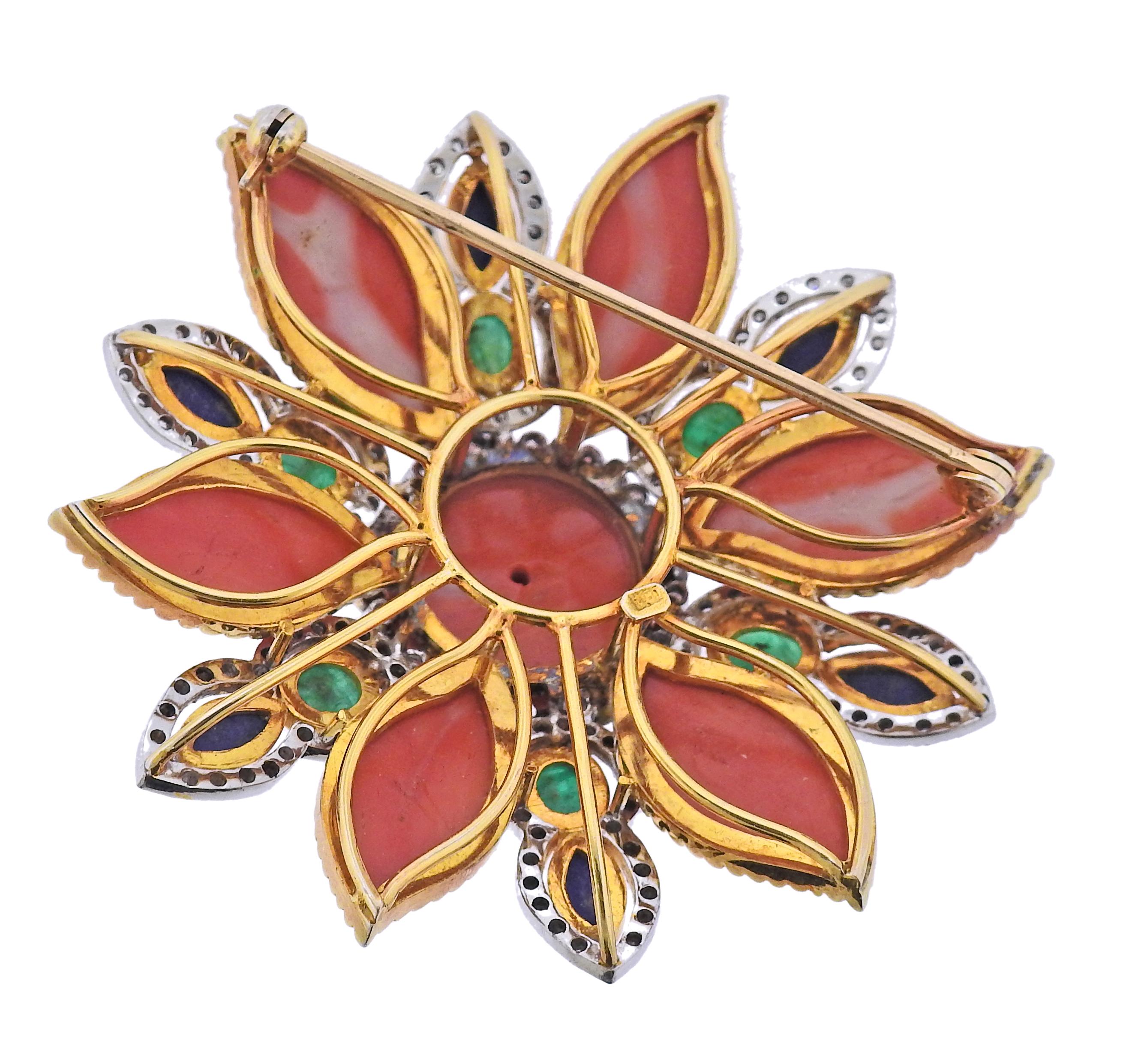 Vintage, circa 1960s 18k gold large brooch, set with coral, lapis, emerald and approx. 2.00ctw in Si1/Si2-H diamonds. Brooch is 62mm x 62mm. Weight - 50.2 grams. Marked 18k.