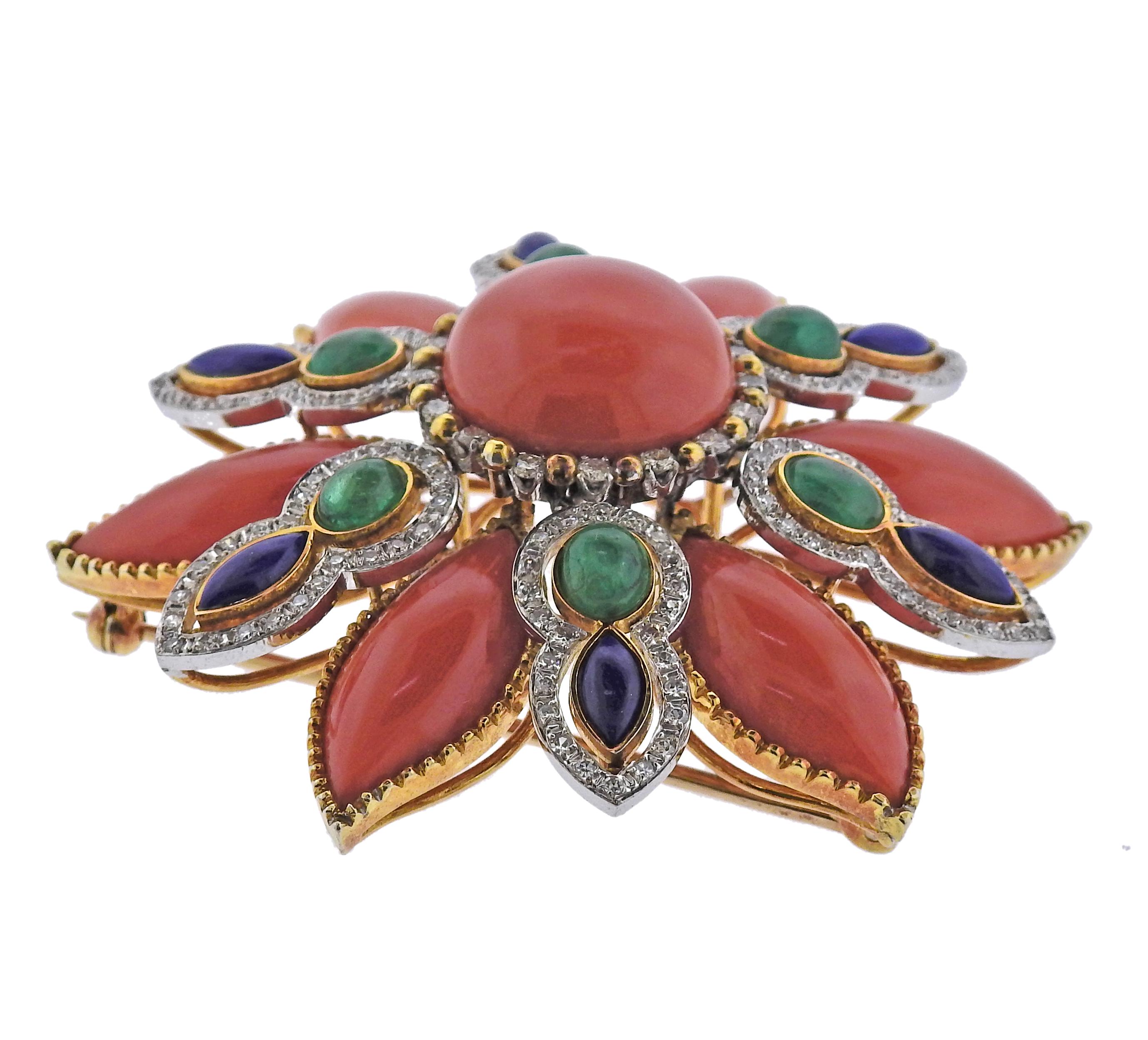 Cabochon 1960s Coral Lapis Emerald Diamond Gold Brooch Pin For Sale