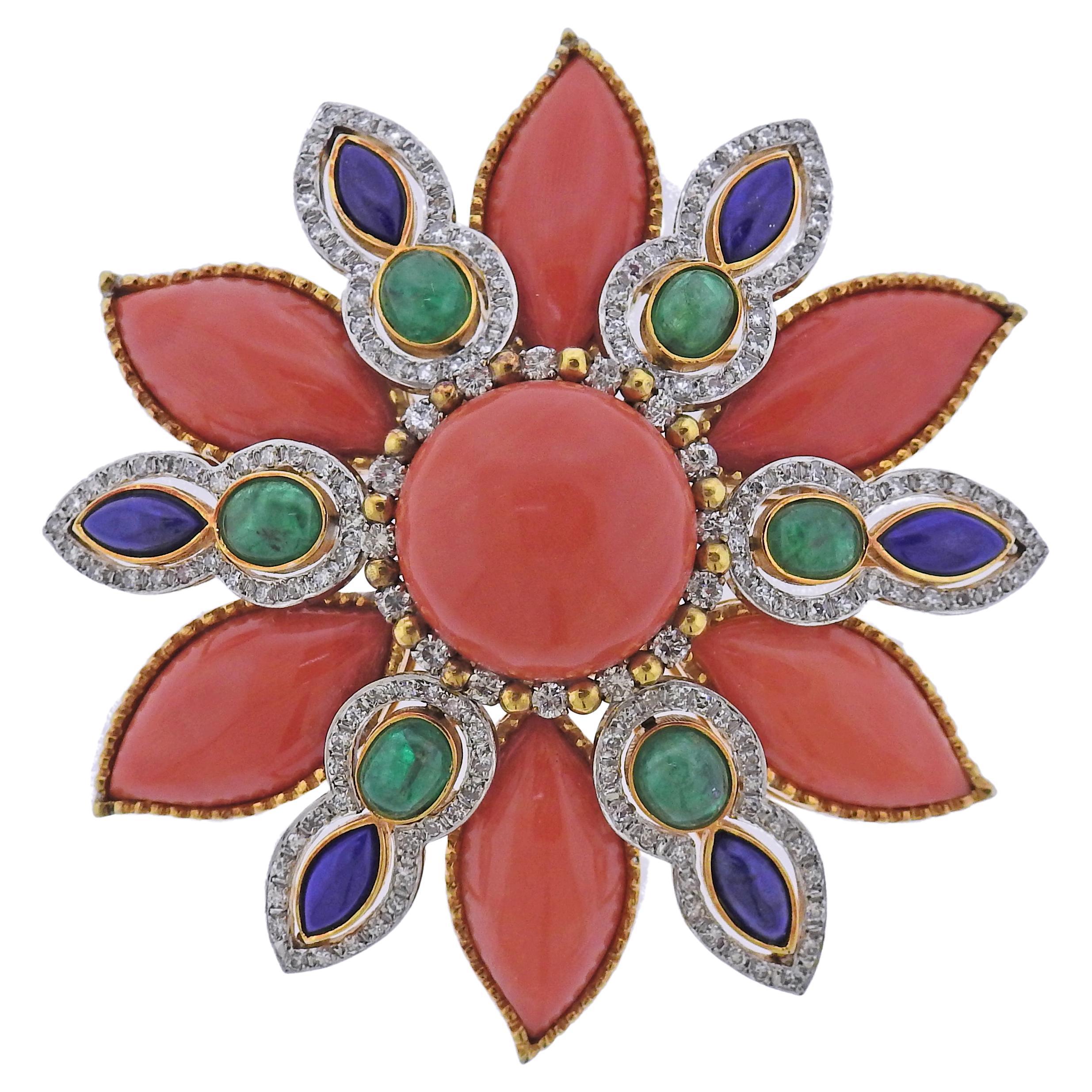 1960s Coral Lapis Emerald Diamond Gold Brooch Pin For Sale