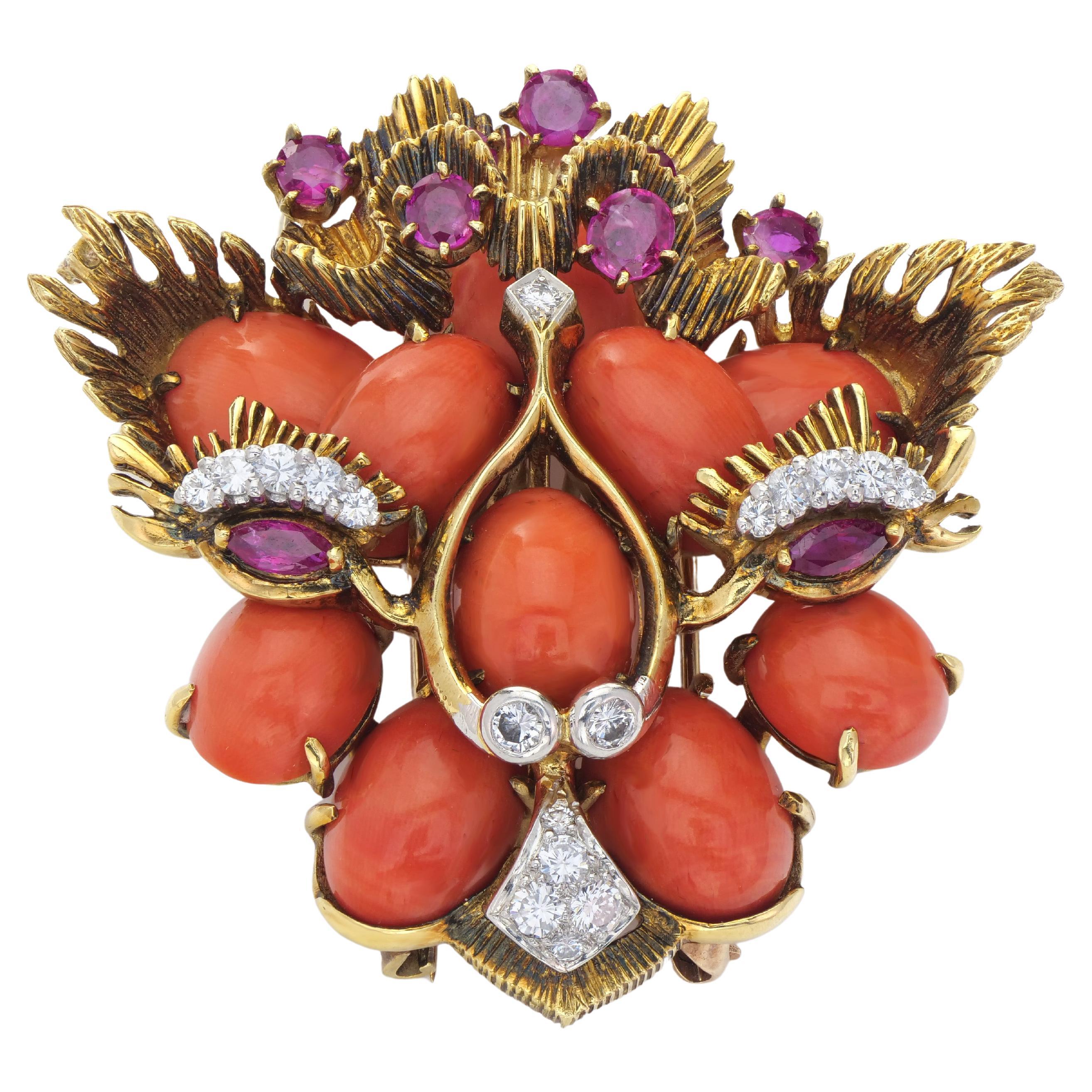 Broche chat en corail, rubis et diamants, années 1960