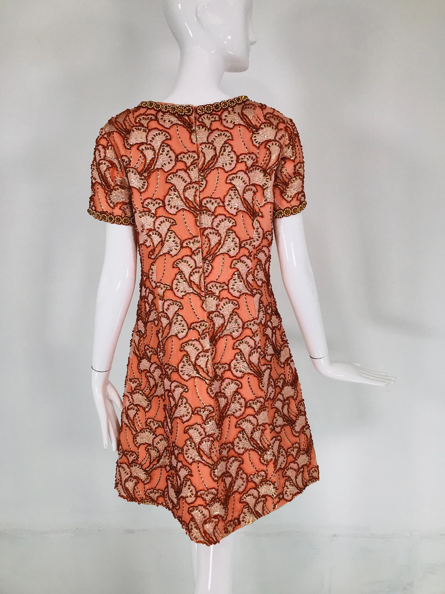Brown 1960s Coral Silk Brocade Hand Beaded 1960s Mini Dress Royal Cathay Hong Kong For Sale