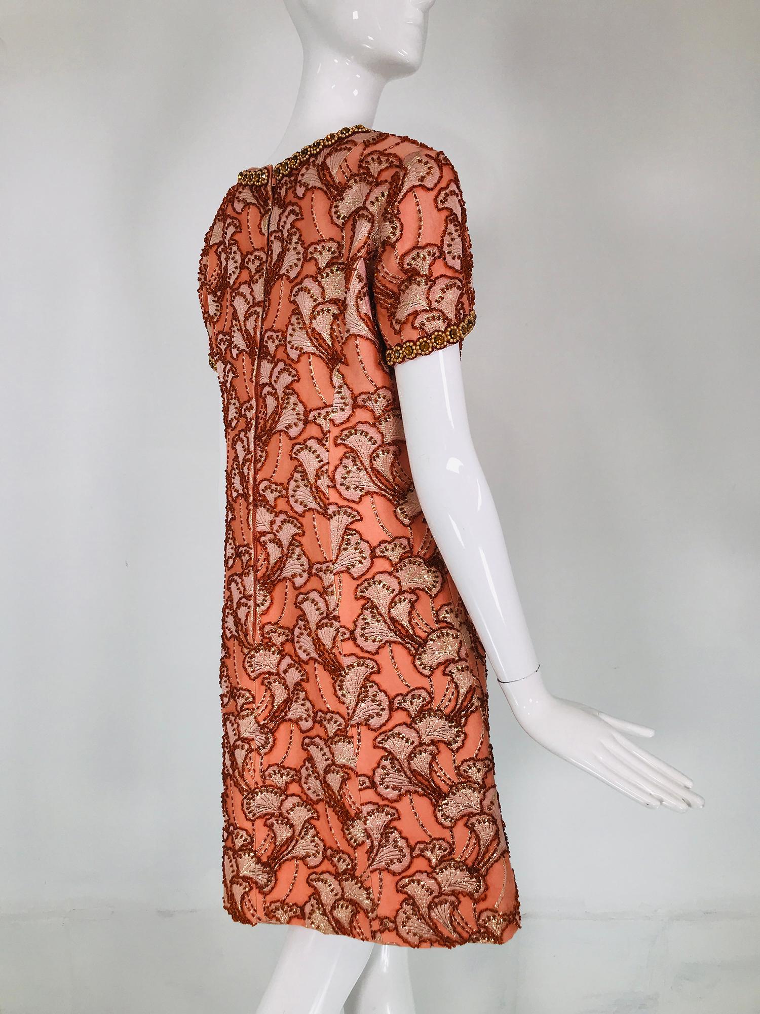 1960s Coral Silk Brocade Hand Beaded 1960s Mini Dress Royal Cathay Hong Kong In Good Condition For Sale In West Palm Beach, FL