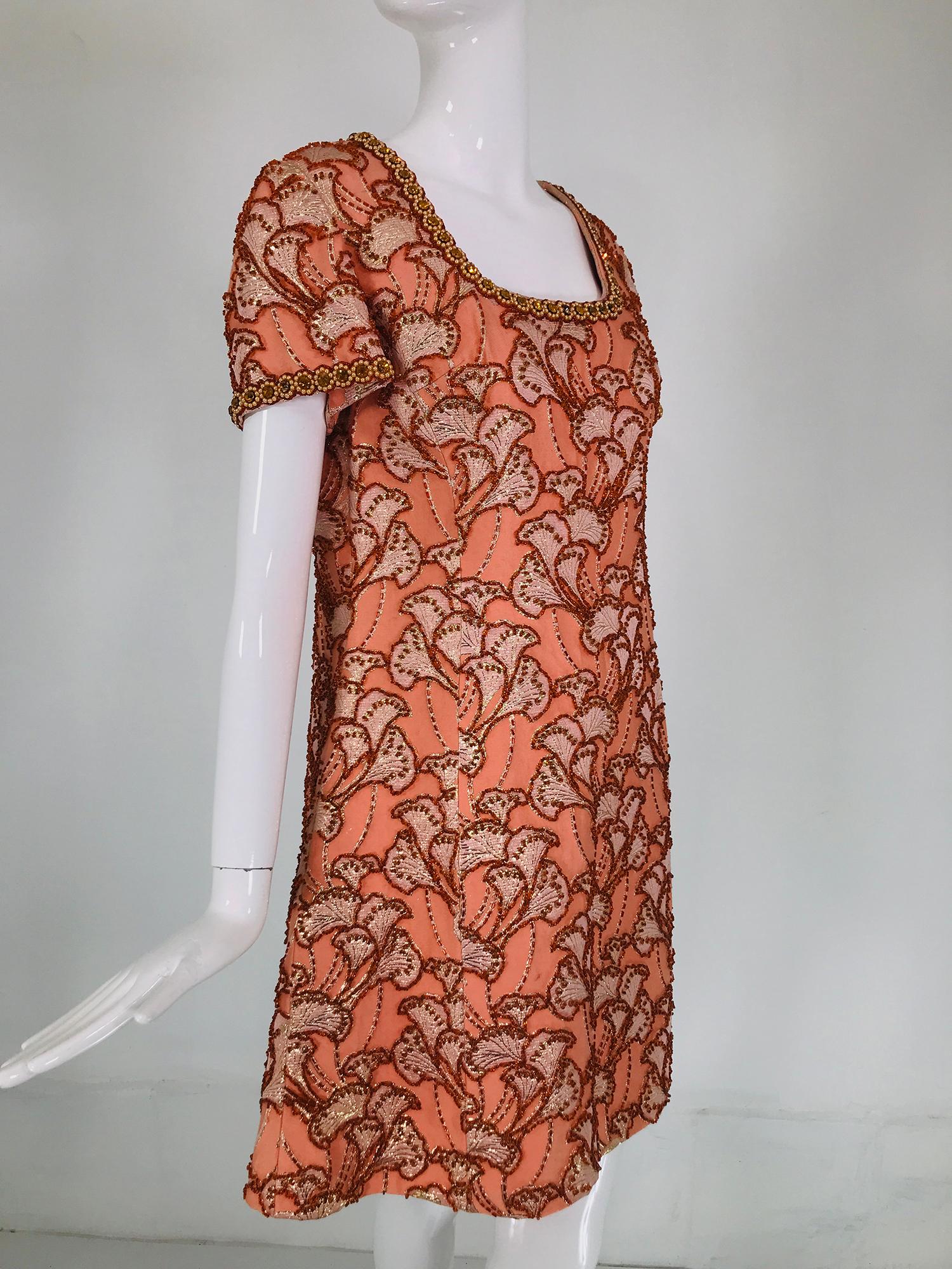 1960s Coral Silk Brocade Hand Beaded 1960s Mini Dress Royal Cathay Hong Kong For Sale 1
