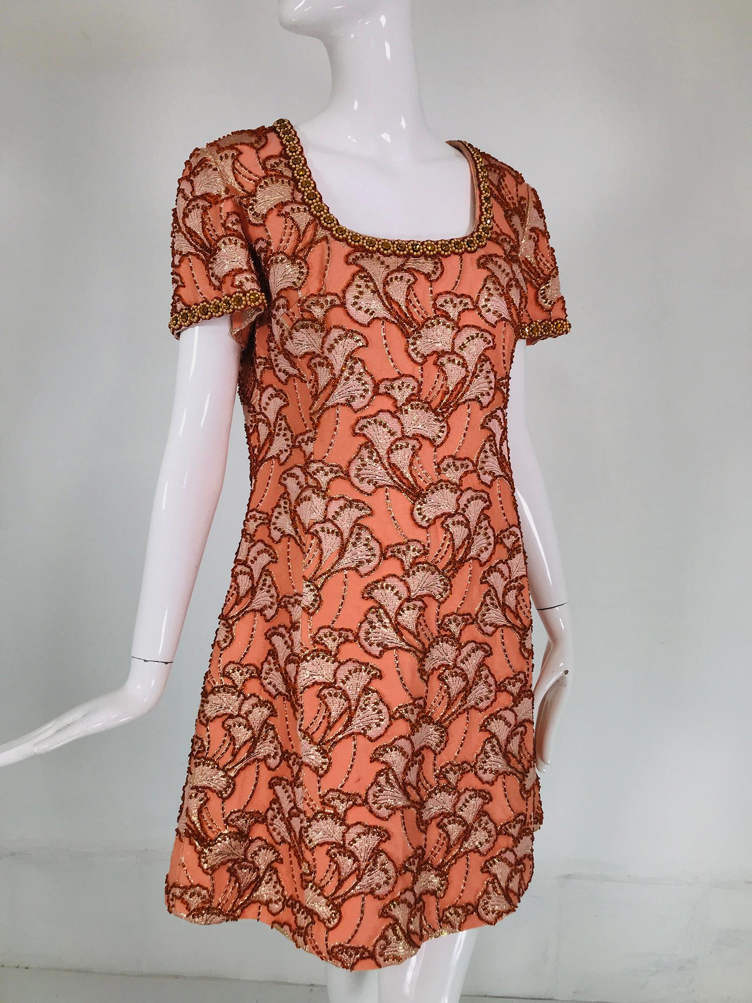 1960s Coral Silk Brocade Hand Beaded 1960s Mini Dress Royal Cathay Hong Kong For Sale 2