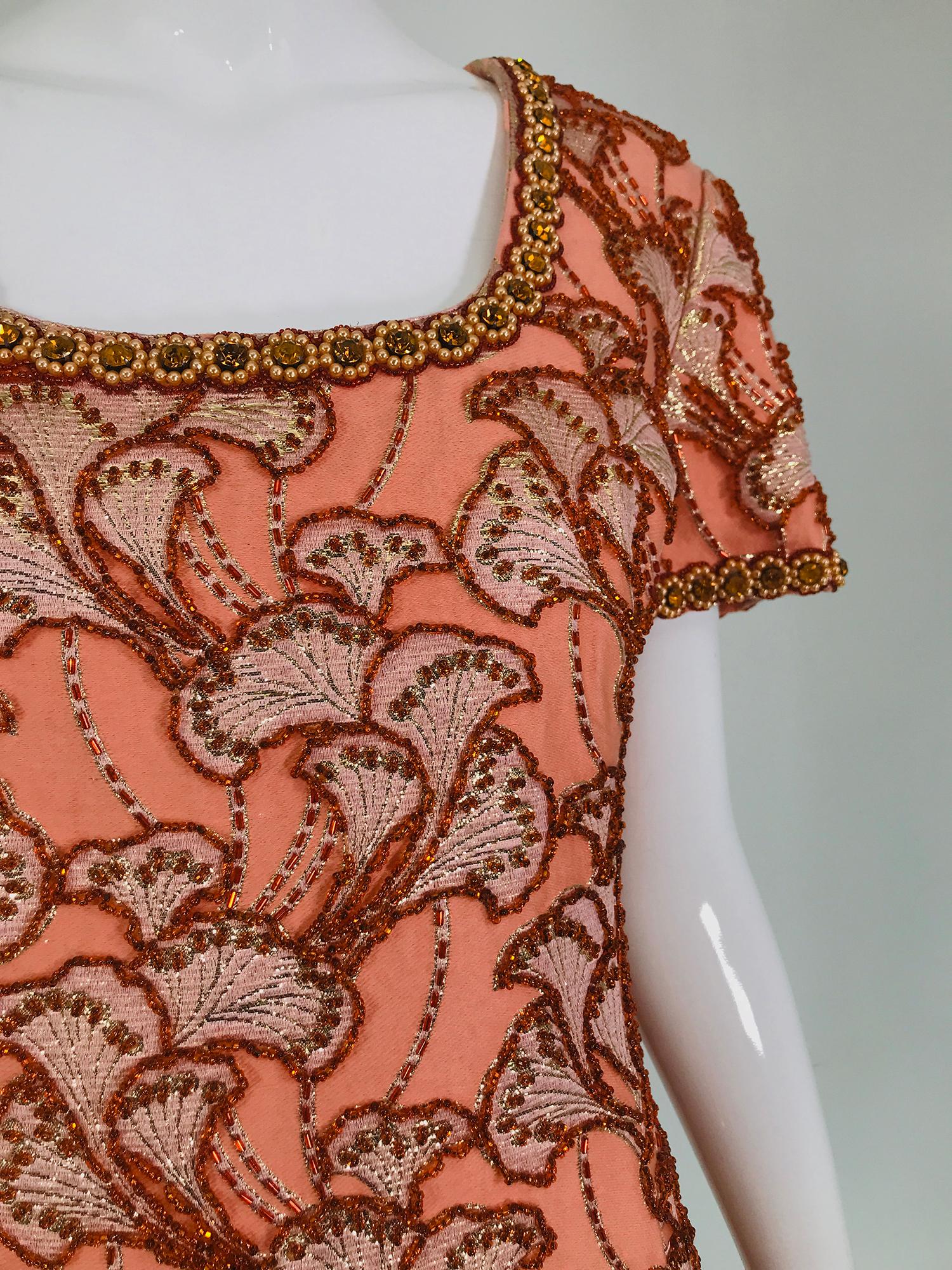 1960s Coral Silk Brocade Hand Beaded 1960s Mini Dress Royal Cathay Hong Kong For Sale 3