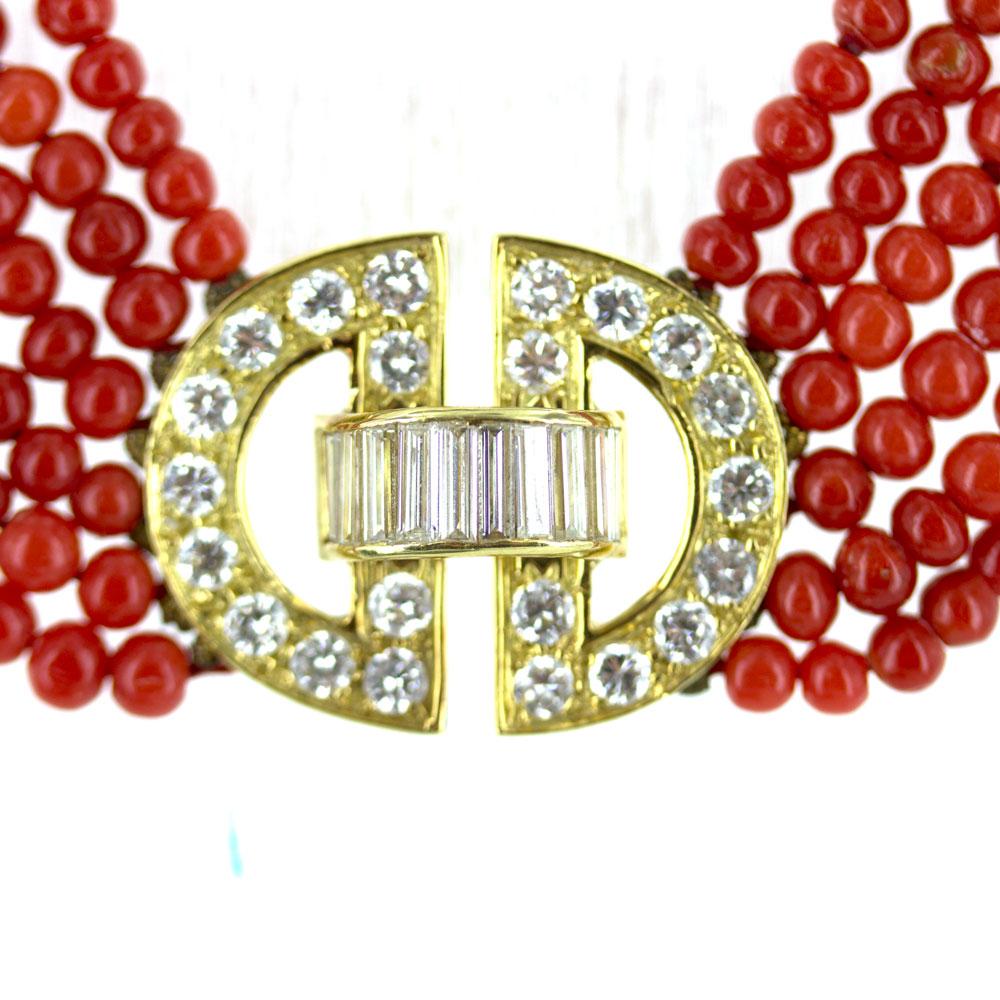 Modern 1960s Coral Strand Diamond 18 Karat Yellow Gold Vintage Necklace