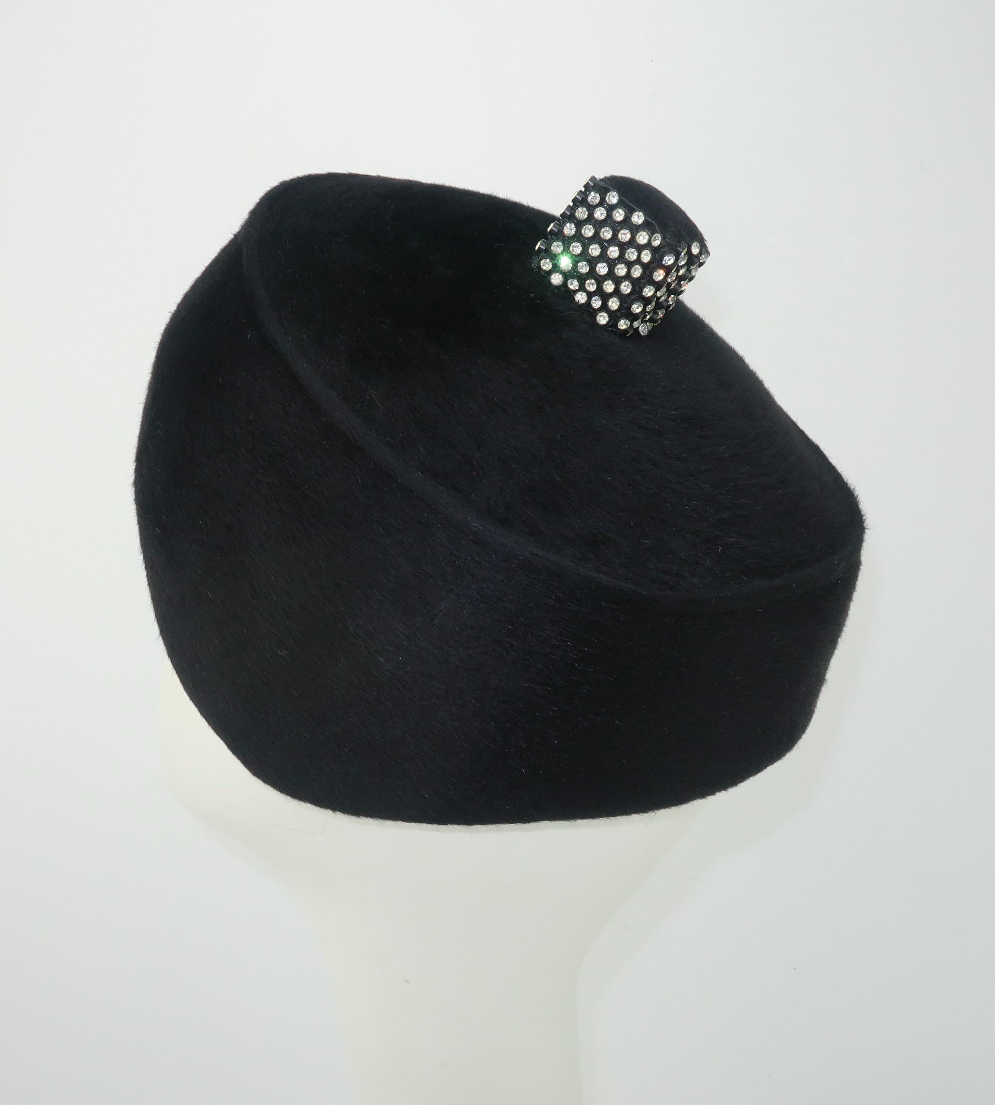 1960's Coralie Black Mohair & Rhinestone Toque Turban Style Hat In Good Condition In Atlanta, GA