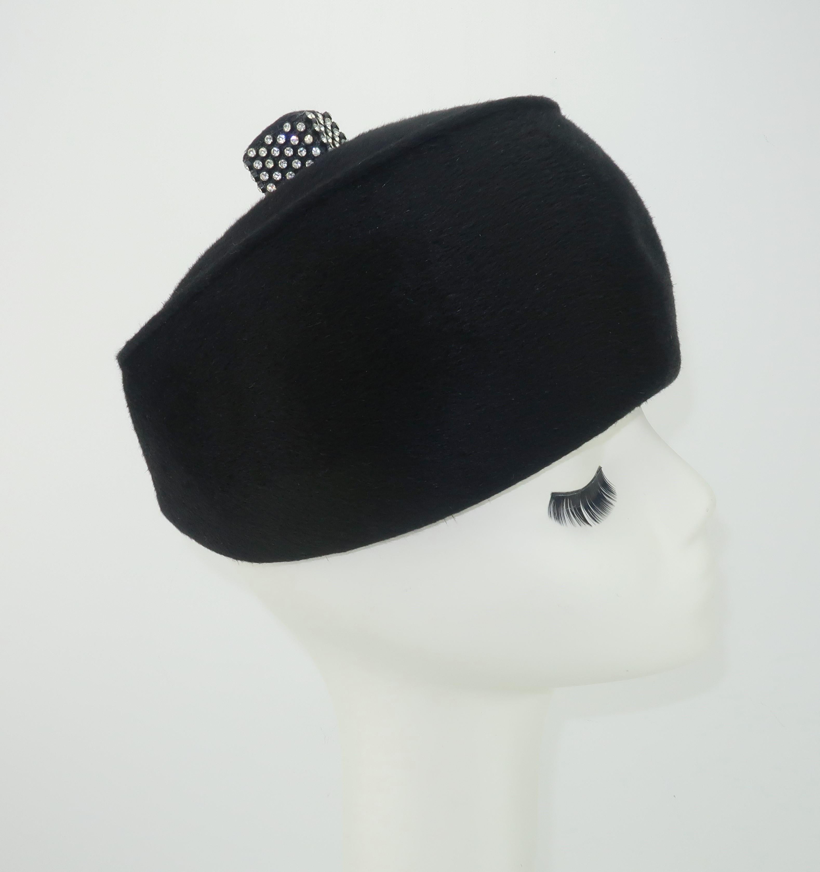 Women's 1960's Coralie Black Mohair & Rhinestone Toque Turban Style Hat