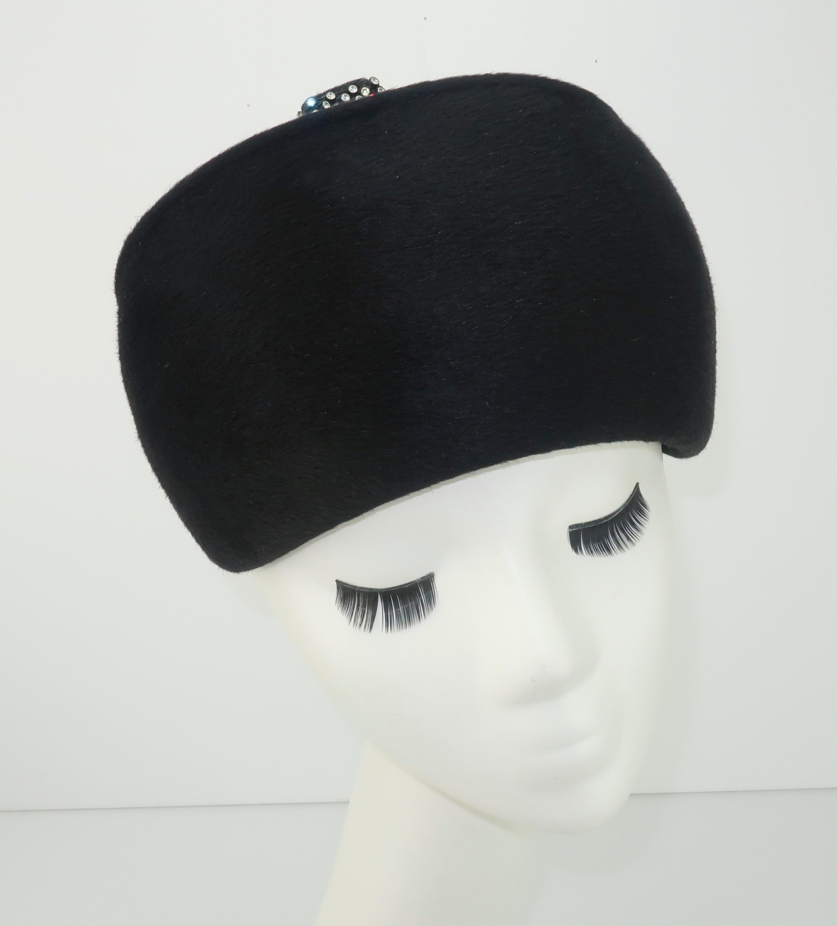 1960's Coralie Black Mohair & Rhinestone Toque Turban Style Hat 1